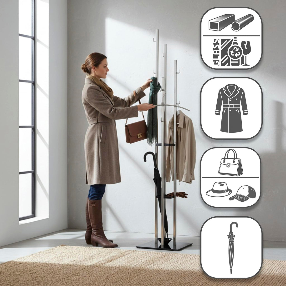 HAKU Coat rack in stainless steel finish, black, metal, 8 mm safety glass coat rack – dimensions: W 35 x H 182 x D 35 cm, style: modern