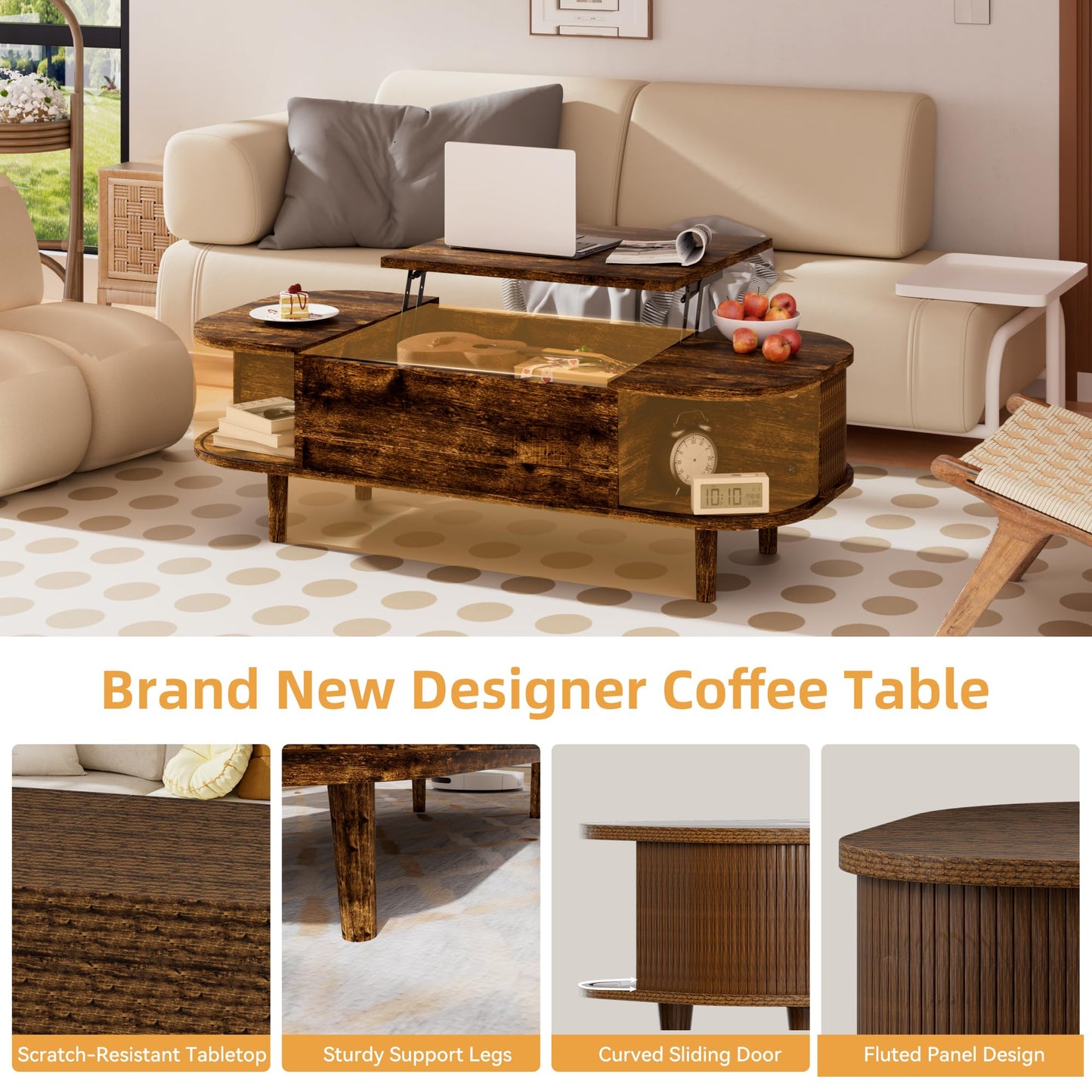PURFINO Coffee Table with Lift Top - Wooden Modern Centre Table with Unique Textured & Hidden Storage, for Living Room, Bedroom, Small Space