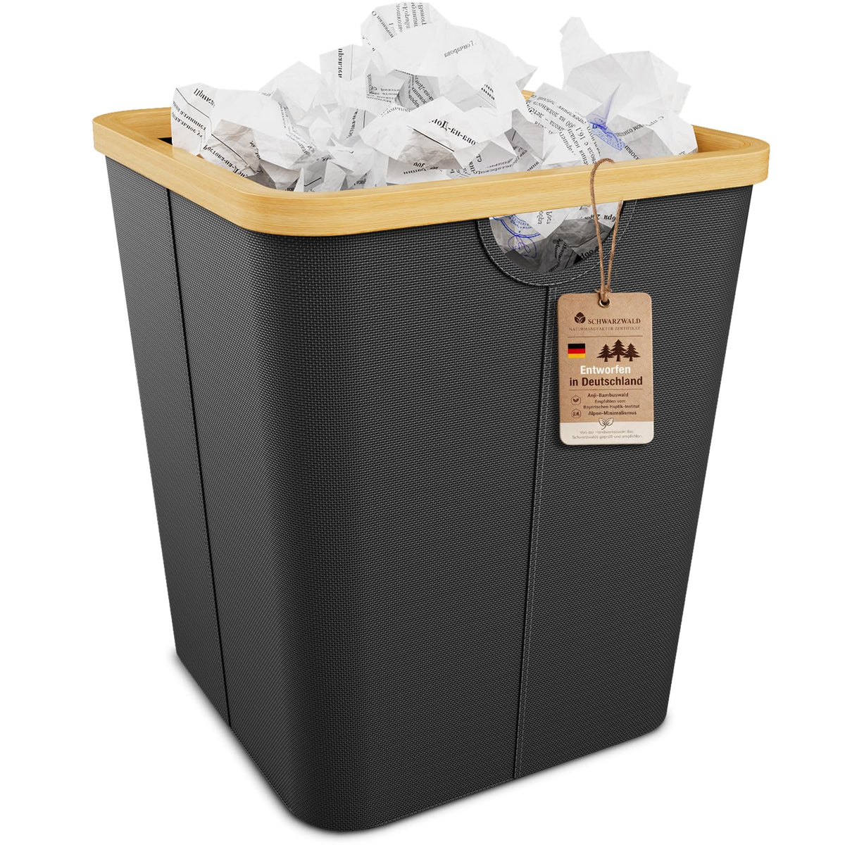 Vireon Waste Paper Bin with Bamboo Frame 30L Waste Basket with Oxford Fabric - Desk Bins for Office & Home Accessories Black, Square, 30, Litres