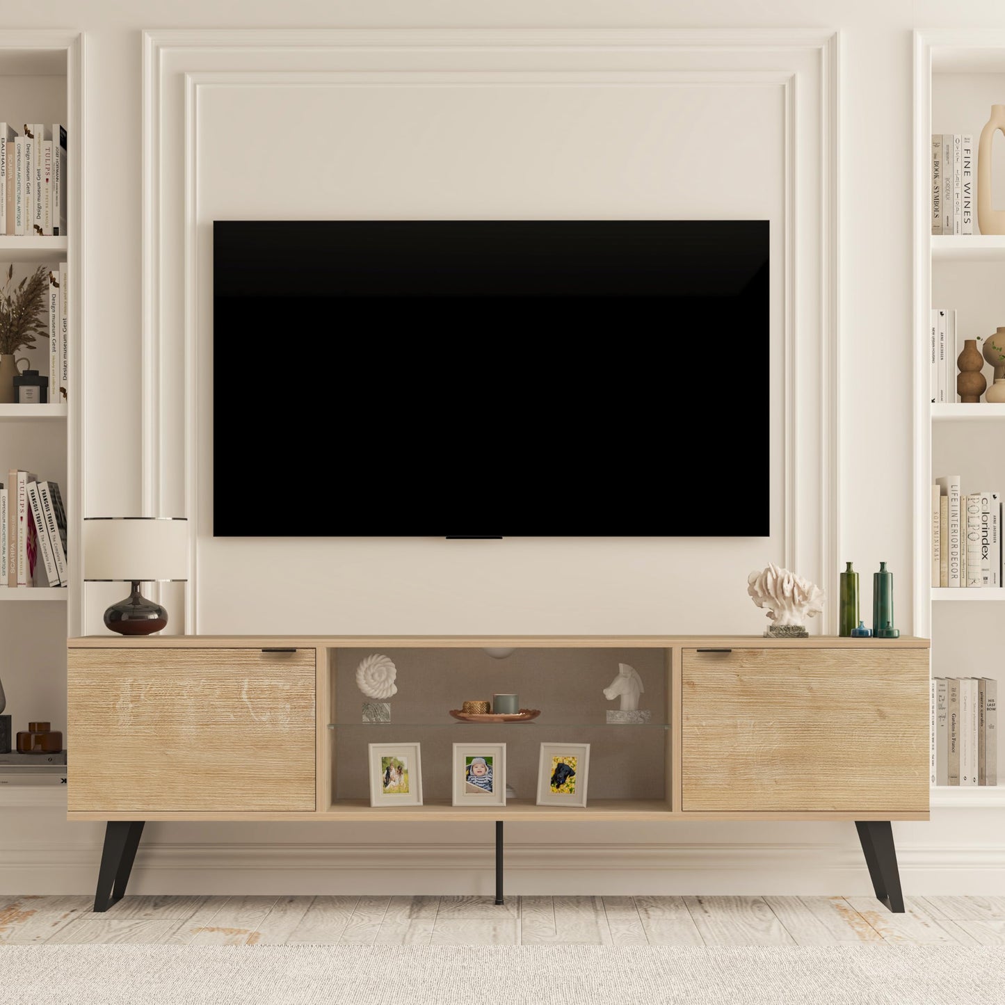 Uniqtrio TV Stand Cabinet | Walnut TV Unit with Glass Shelf | TV Cabinet | TV Stand Unit | TV Units for Living Room | TV Table |Soft Closing Hinges