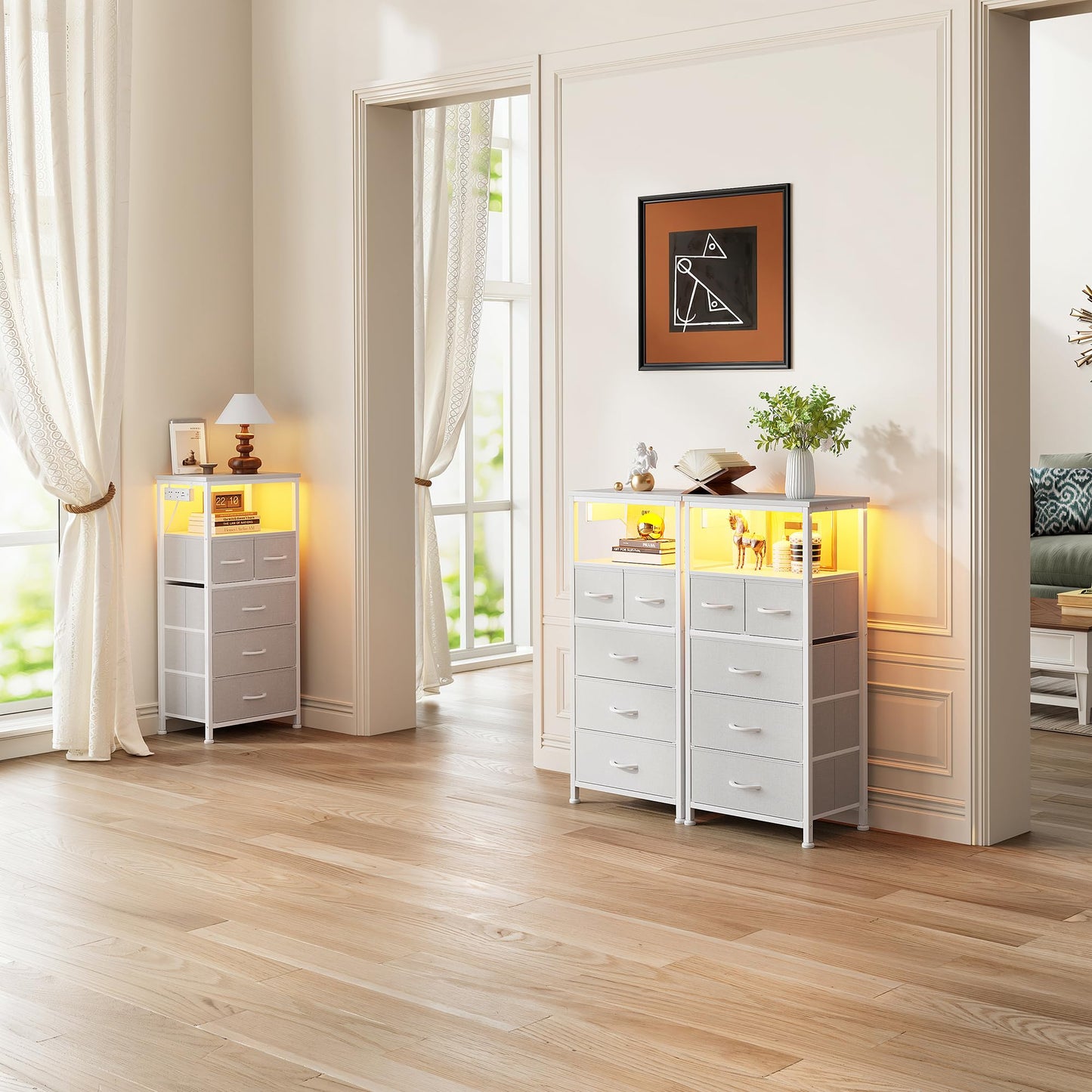 Flrrtenv Bedside Table with LED Light and Charging Station, Bedside Cabinet with 5 Fabric Drawers and Shelf, End Table with Plug for Bedroom
