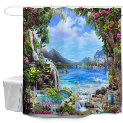 goodbath Garden Shower Curtain Outdoor Waterfalls, 3D Nature Scenery Landscape Mountain Lake Bath Curtains for Bathroom Fence Wall, 180 x 180 cm