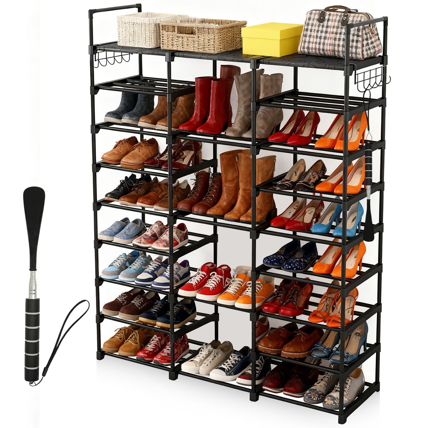 9-Tier Shoe Rack with Telescopic Shoe Horn – Large Capacity Metal Shoe Storage for 50+ Pairs