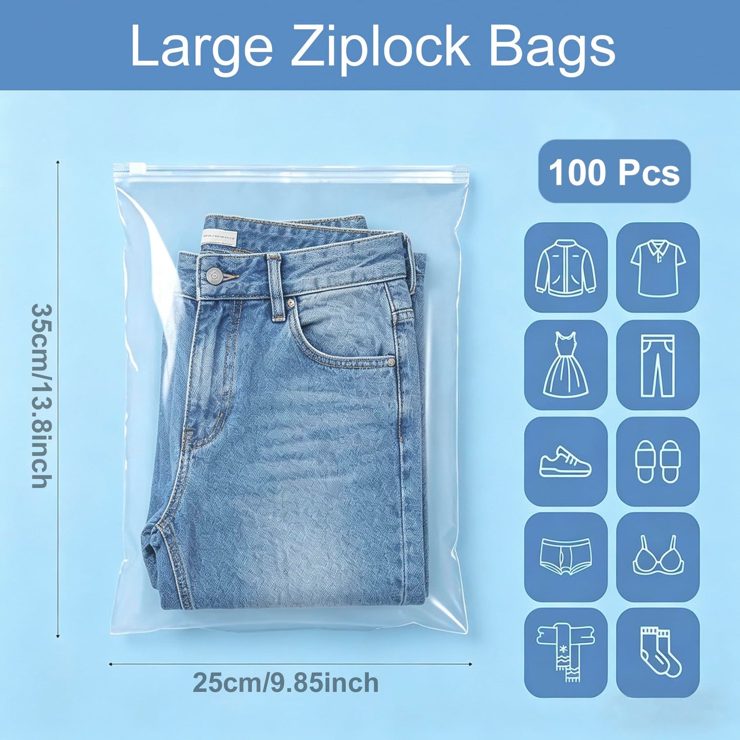 QISF 100 Pcs Large ZipLock Bags for Clothes, 25x35cm Plastic Travel Bags, Reusable Waterproof Hospital Bag Organiser Pouches for Clothes Shoes
