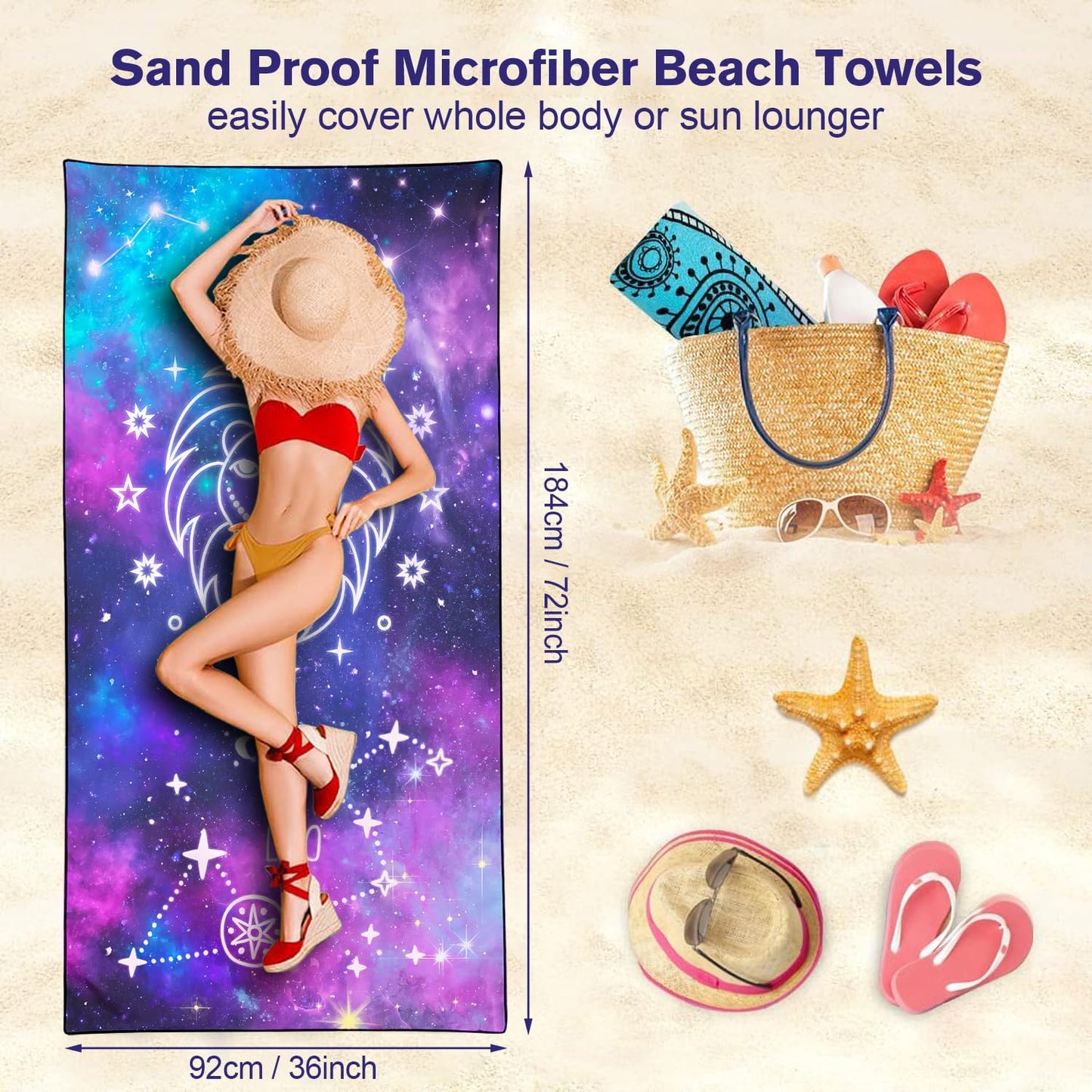 Violetpos Leo Zodiac Sign Beach Towel for Astrology Fans, Extra Large 180x90 cm 250GSM Microfibre, Sand Free Quick Dry