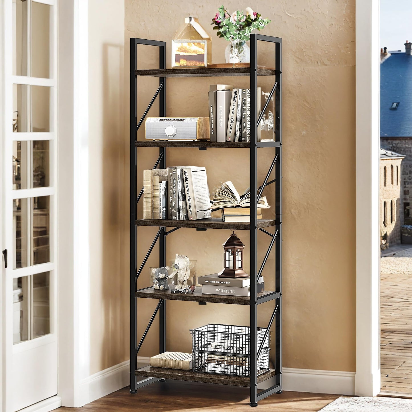 YITAHOME Bookshelf, 5 Tiers Bookcase Tall Book shelf with Metal Frame, Industrial Display Storage Rack