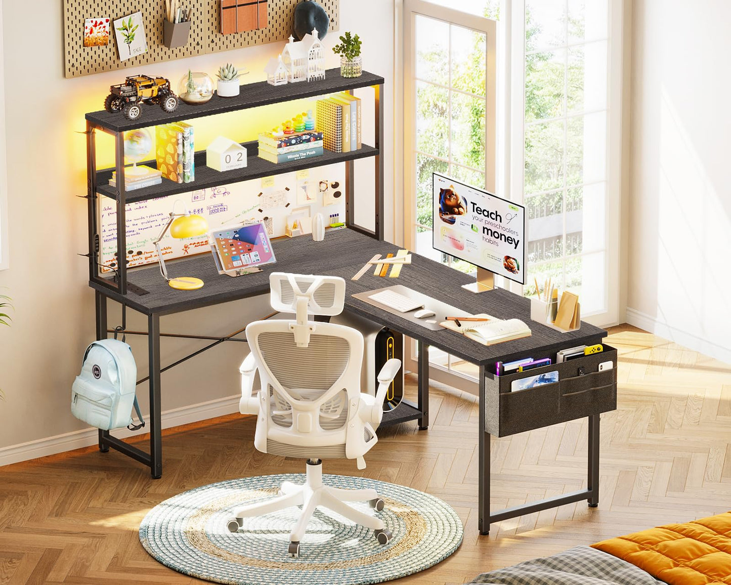 Coleshome L Shaped Gaming Desk with LED Lights & Power Outlet, Grey