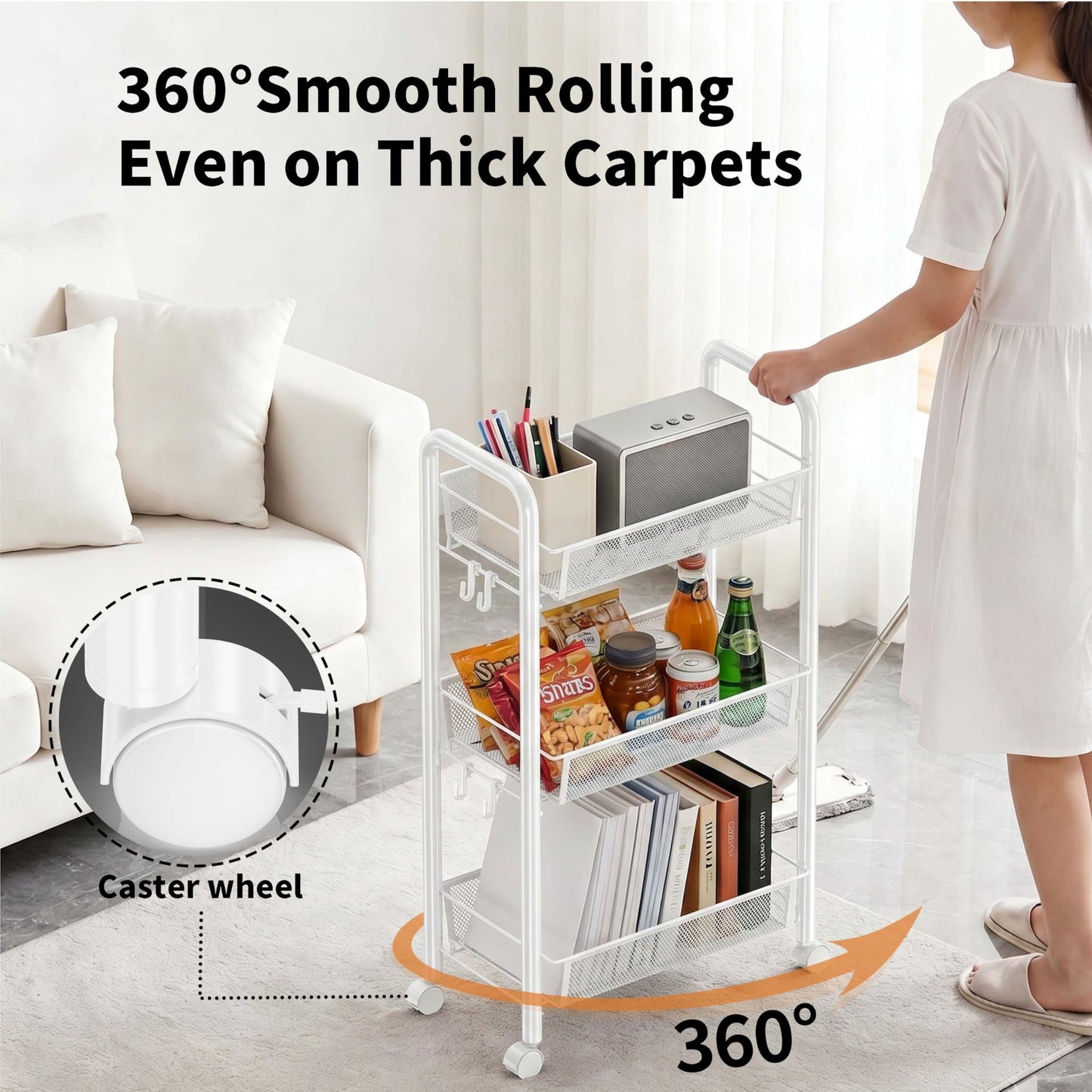 Goeasyoii 3/4/5 Tier Rolling Cart, Metal Storage Cart,Space-Saving Kitchen Cart with Castors,Shelving Organizer for Kitchen, Bathroom, Laundry Room