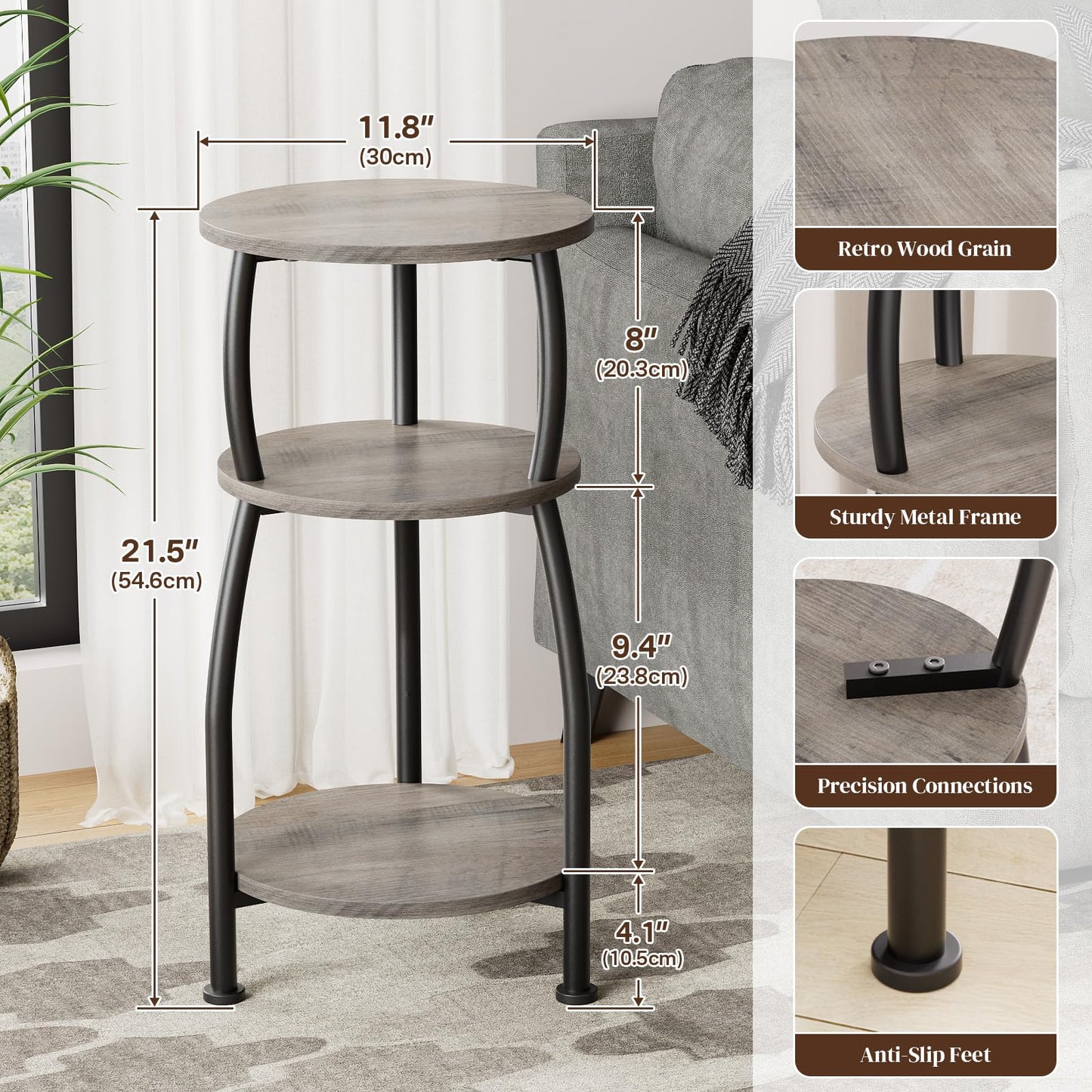 Yuede Round Side Table, 3 Tier Slim Round Coffee Table, Small End Table with Storage Shelf, Bedside Table, for Living Room, Bedroom, Small Space