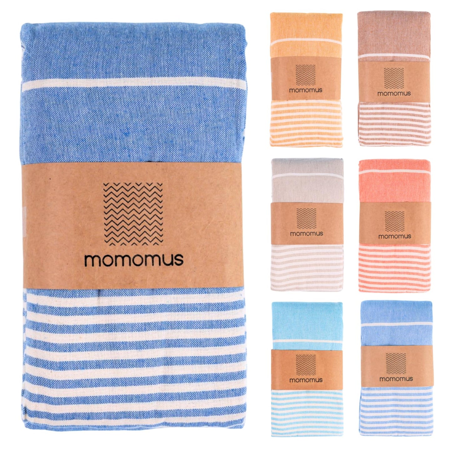 MOMOMUS Fouta XXL, Extra Large Beach Towel for Adults - Beach Picnic Blanket - 100% Cotton, with Fringes and Sand Free - Blue, 210x240 cm