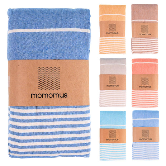 MOMOMUS Fouta XXL, Extra Large Beach Towel for Adults - Beach Picnic Blanket - 100% Cotton, with Fringes and Sand Free - Blue, 210x240 cm