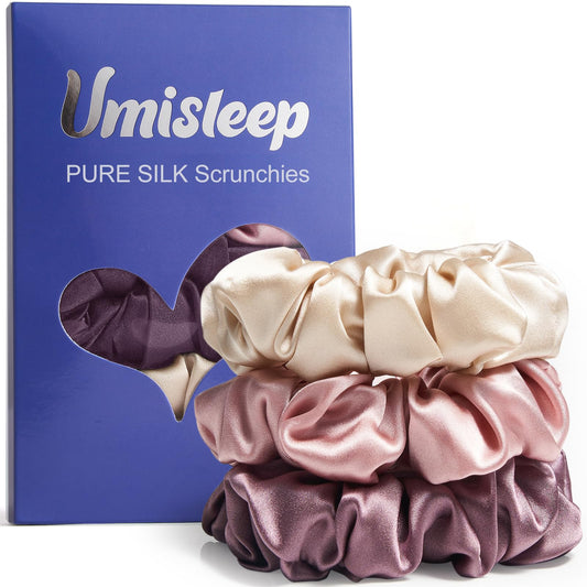 Umisleep Silk Scrunchies for Women 22 Momme 100% Mulberry Silk Hair ties for Less Frizz & Breakage- 3 Pack Softer & Durable Elastic