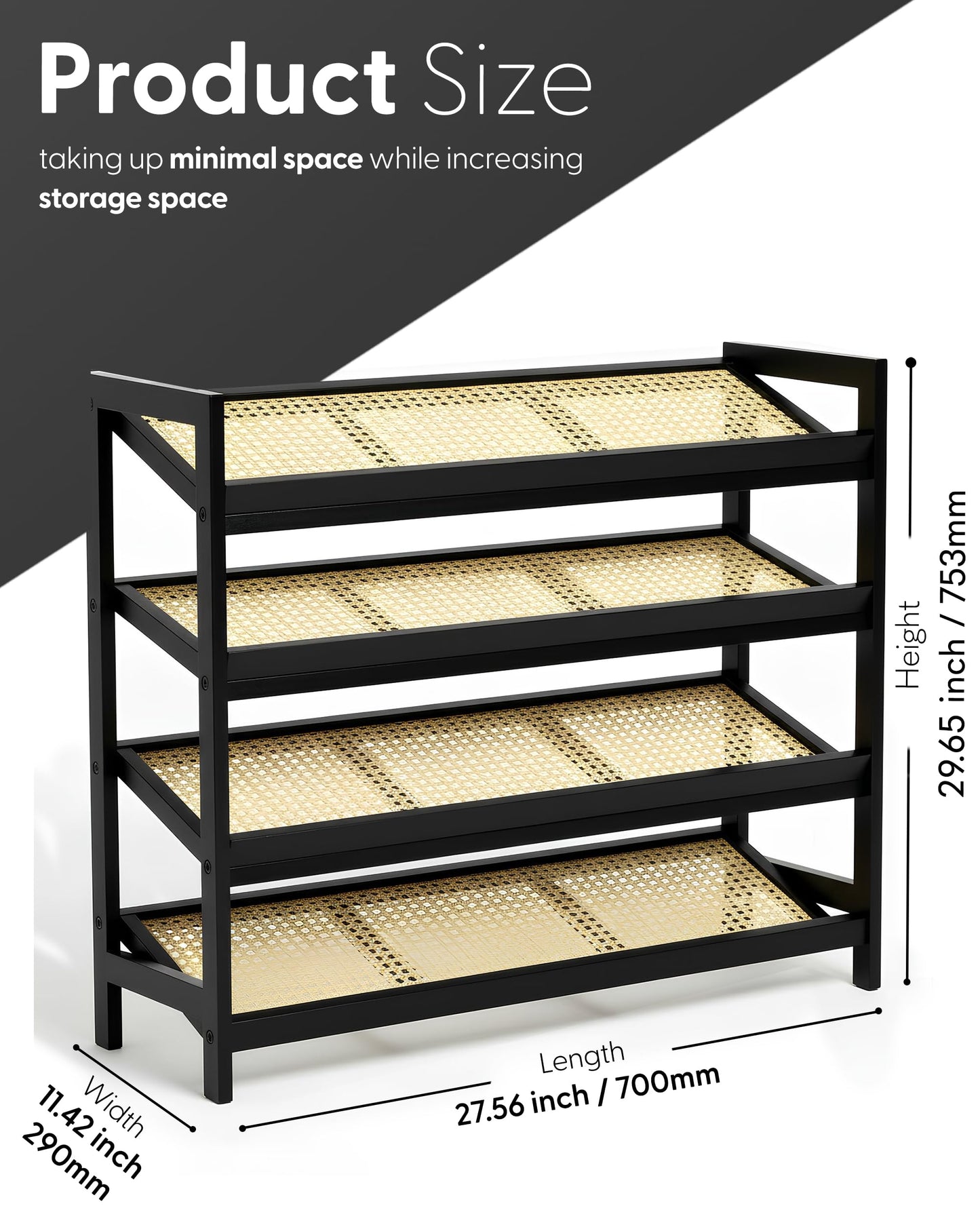 KEPLIN 4 Tier Bamboo and Rattan Shoe Organiser Rack – Eco-Friendly, Durable, Easy Assembly – Compact Design for Entryway, Closet, or Hallway