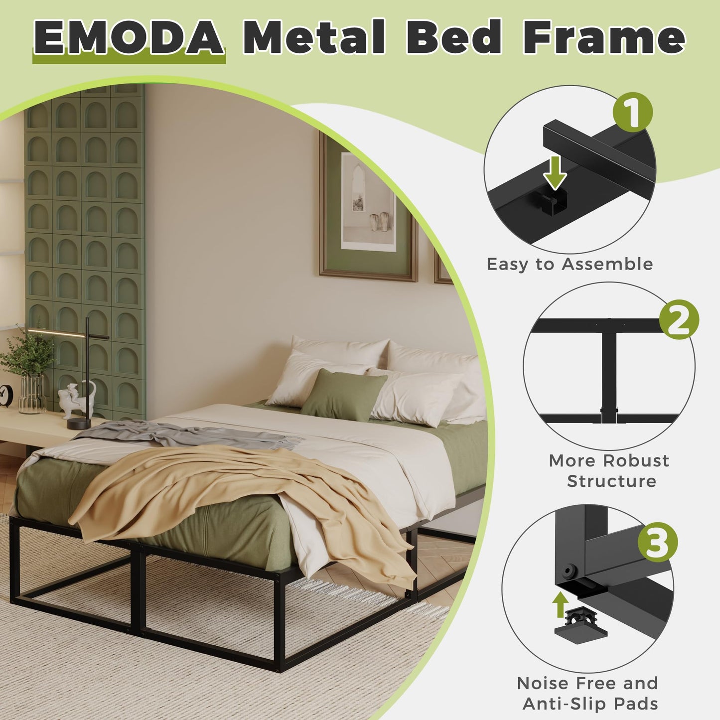 EMODA Super King Bed Frame 36cm High with Steel Slats Support, Black