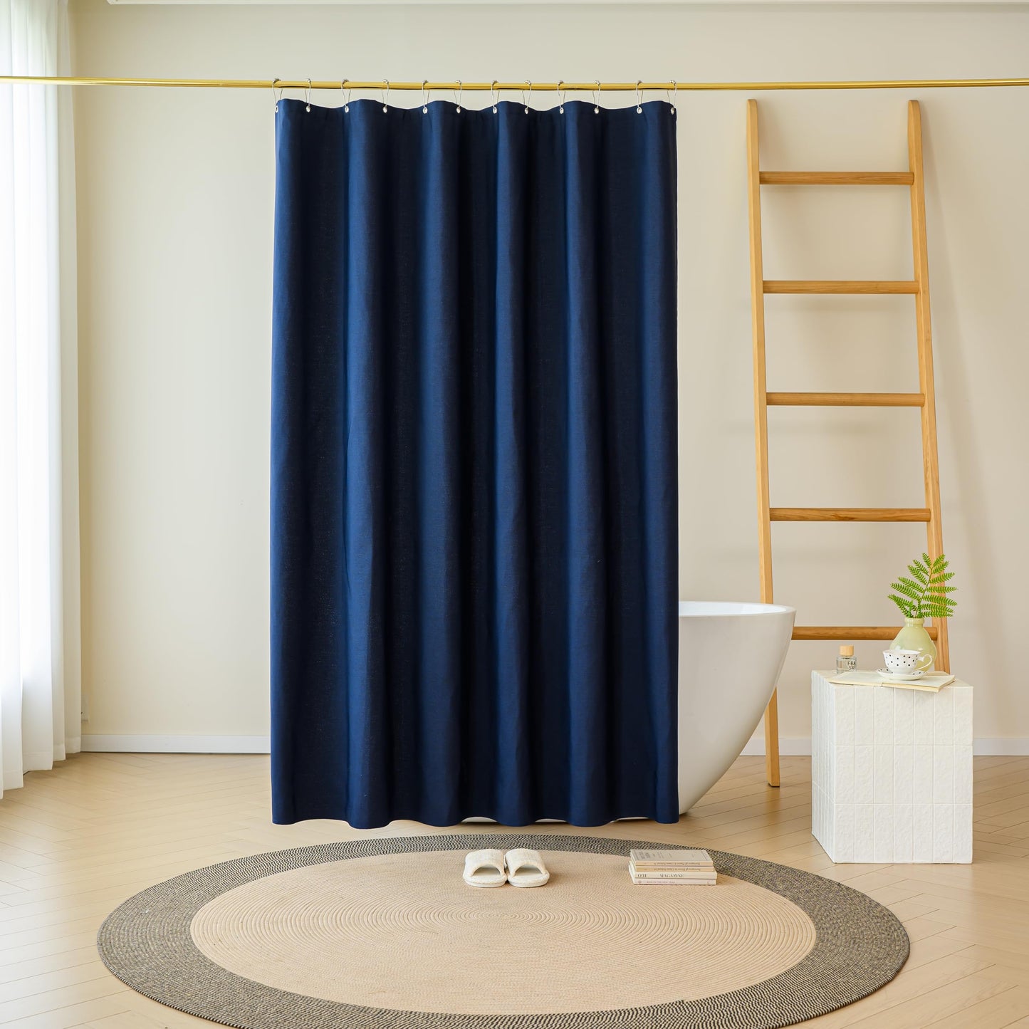 Yofori Navy Blue Shower Curtain for Bathroom, Fabric Shower Curtains Faux Linen Polyester Wet Room Shower Curtains Sets with Metal Hooks, 183x183cm
