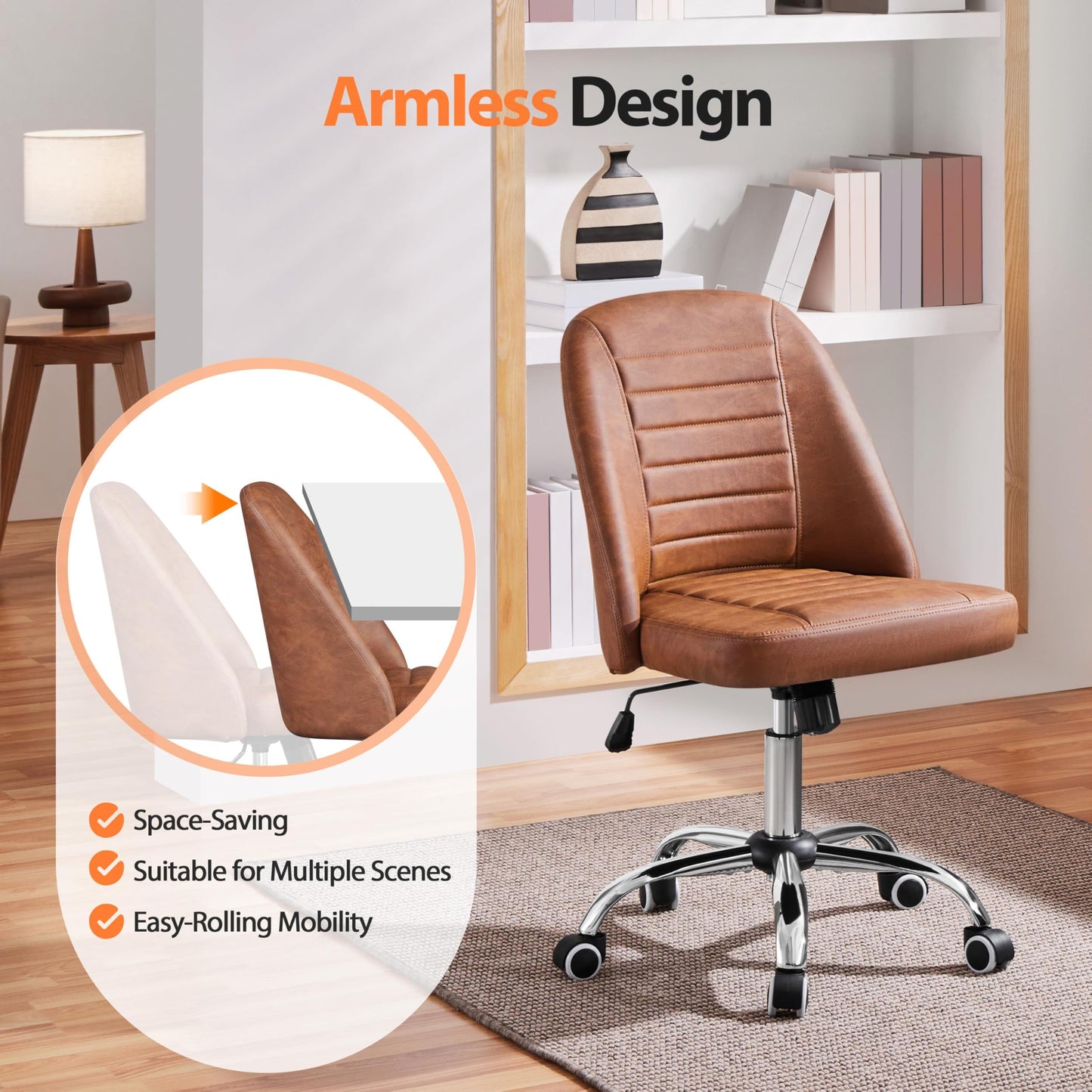 Yaheetech Armless Faux Leather Office Chair Swivel Back Support Retro Brown