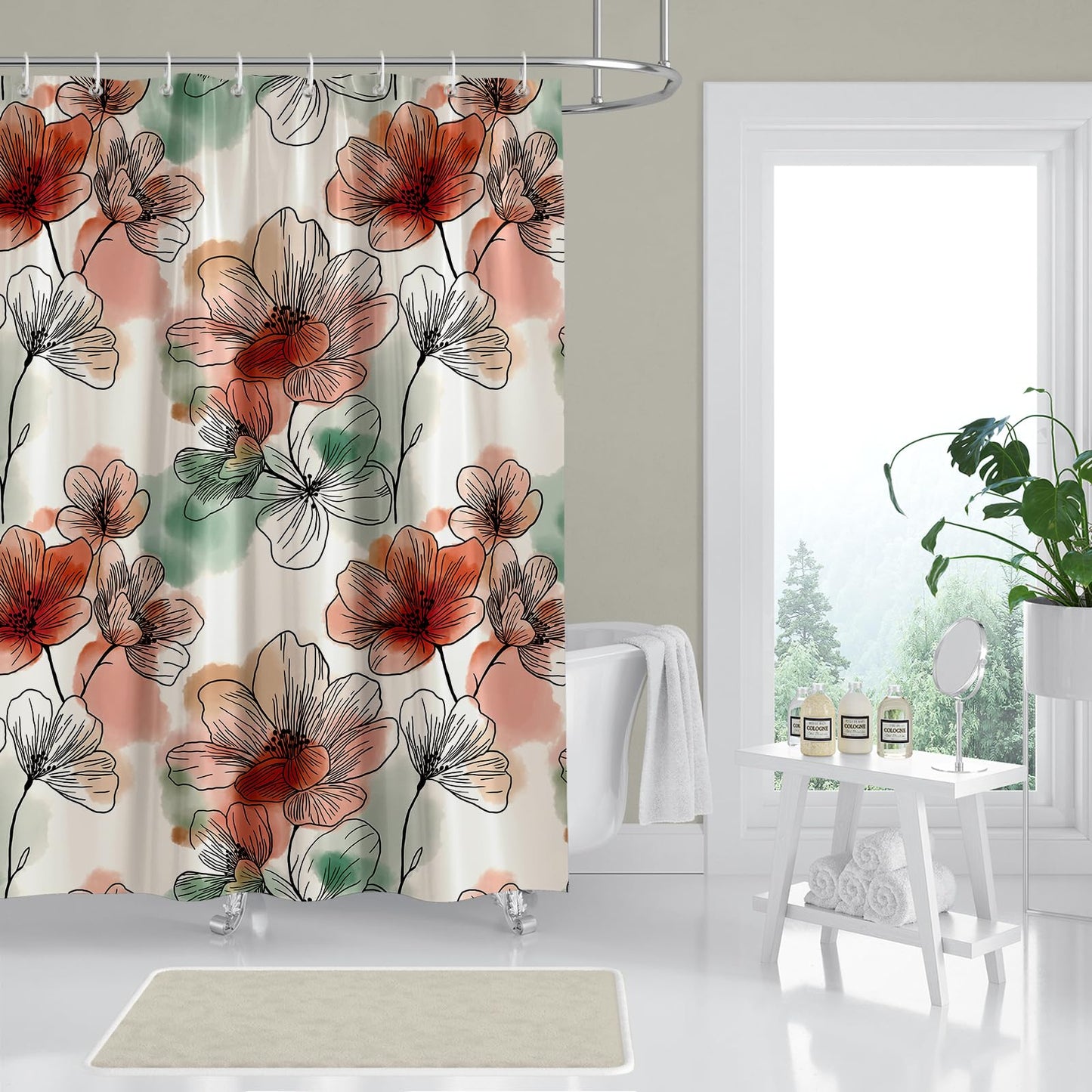 Hopomoon Watercolour Floral Shower Curtain, Waterproof Polyester Bath Curtain, Botanical Print Decorative Boho Abstract Art Shower Curtain with 12