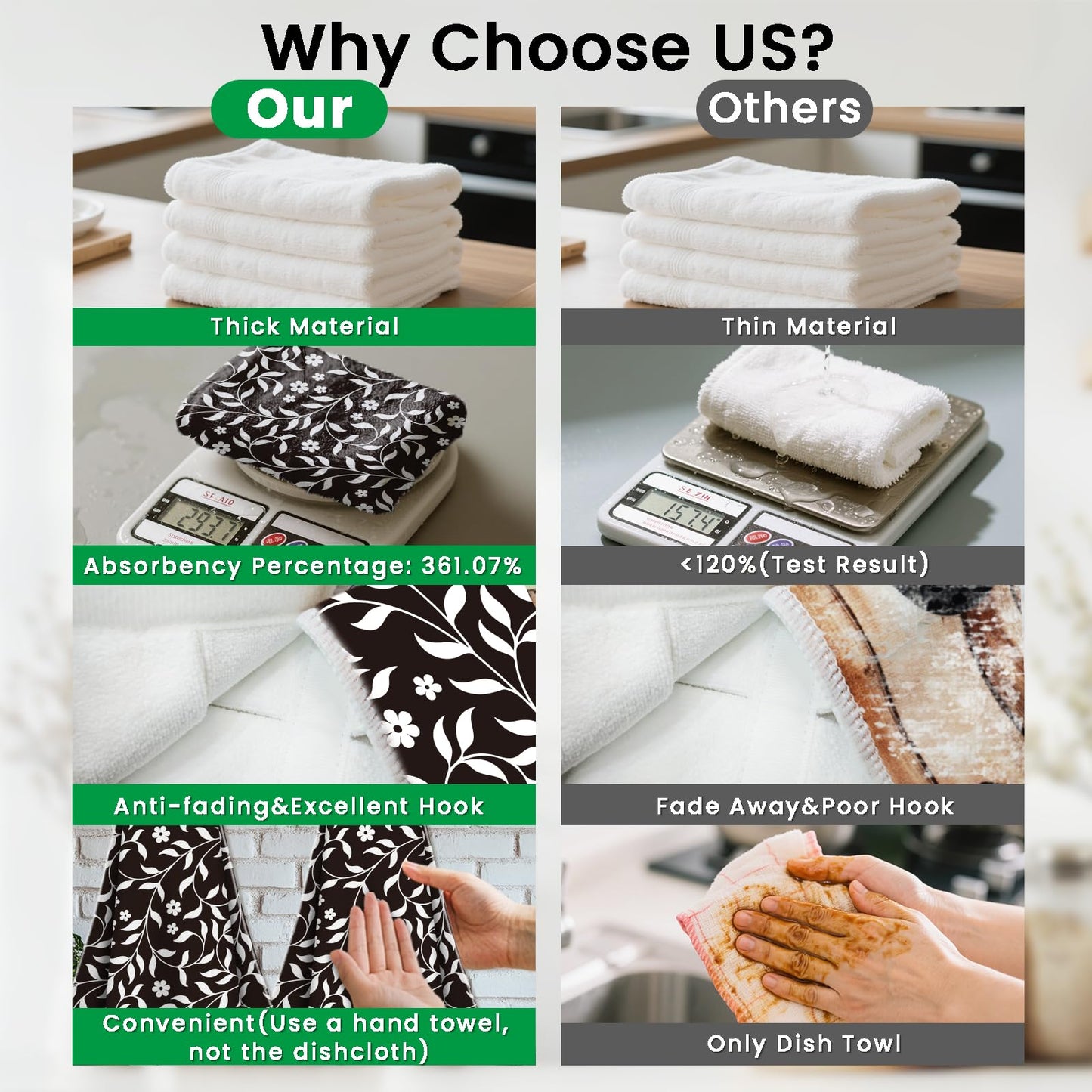 CUTHOLLOW 2 Pcs Black and White Flowers Hanging Kitchen Towels with Loop