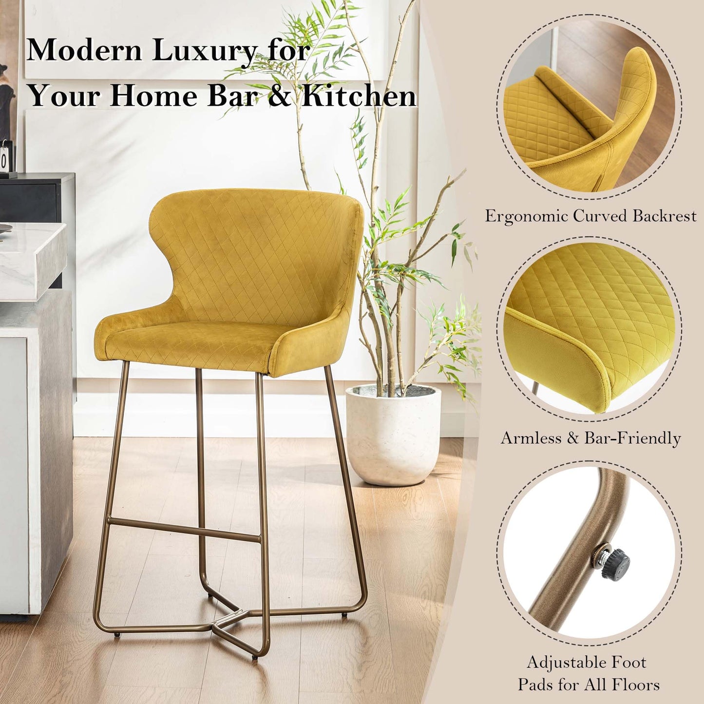 younturn Modern Velvet Bar Stools Set of 2, 70cm Seat Height Barstools with Quilted Backrest, Gold Metal Legs and Footrest, Stools for Kitchen Island