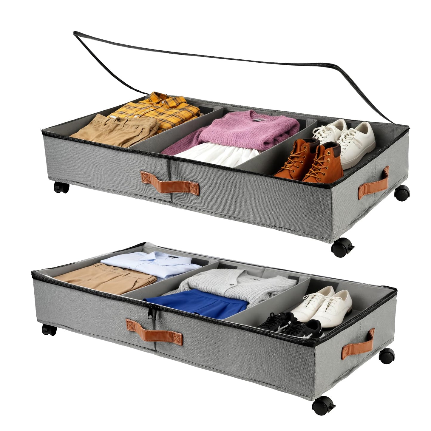 WOVTE Under Bed Storage on Wheels, 2Pack 50L Foldable Underbed Storage Organiser with Zip Lid