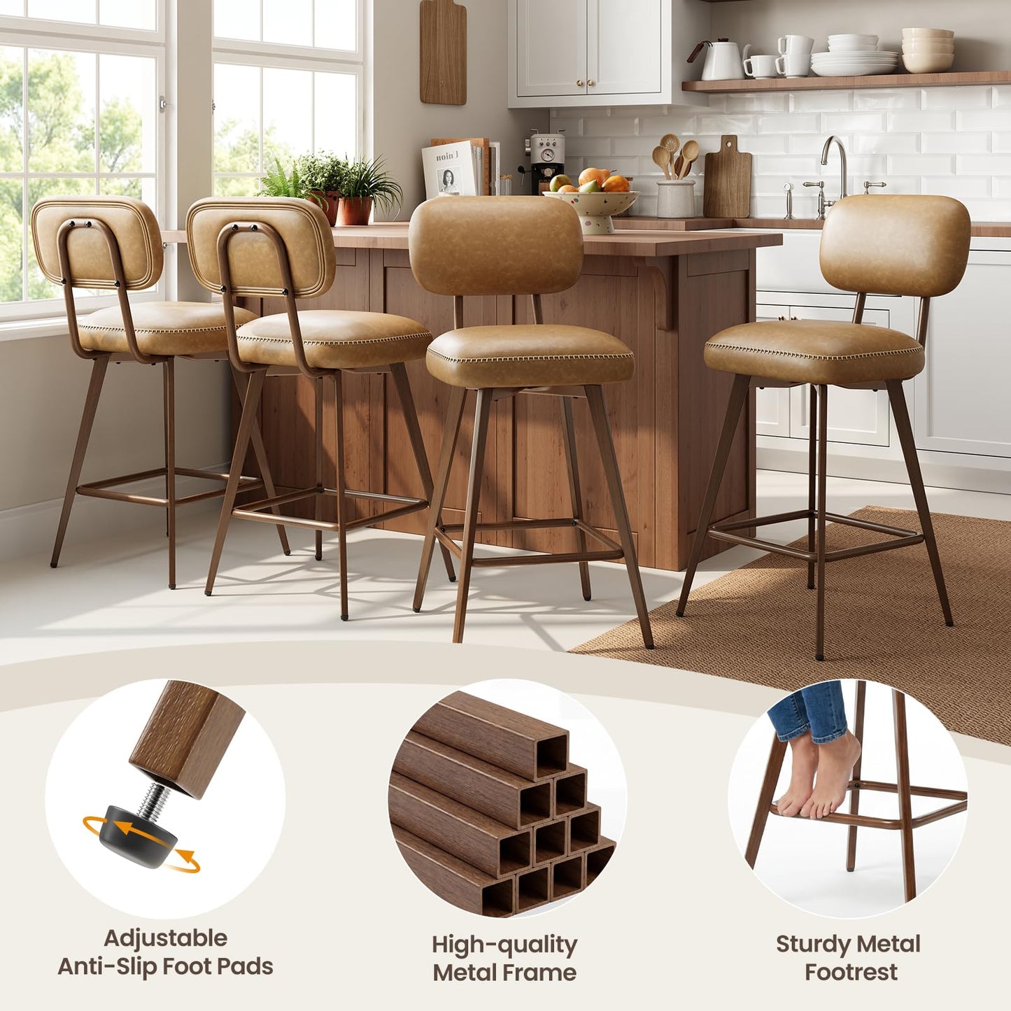 MALOL PU Leather Breakfast Bar Stools Set of 6, Swivel Kitchen Bar Chairs with Backrest and Metal Legs