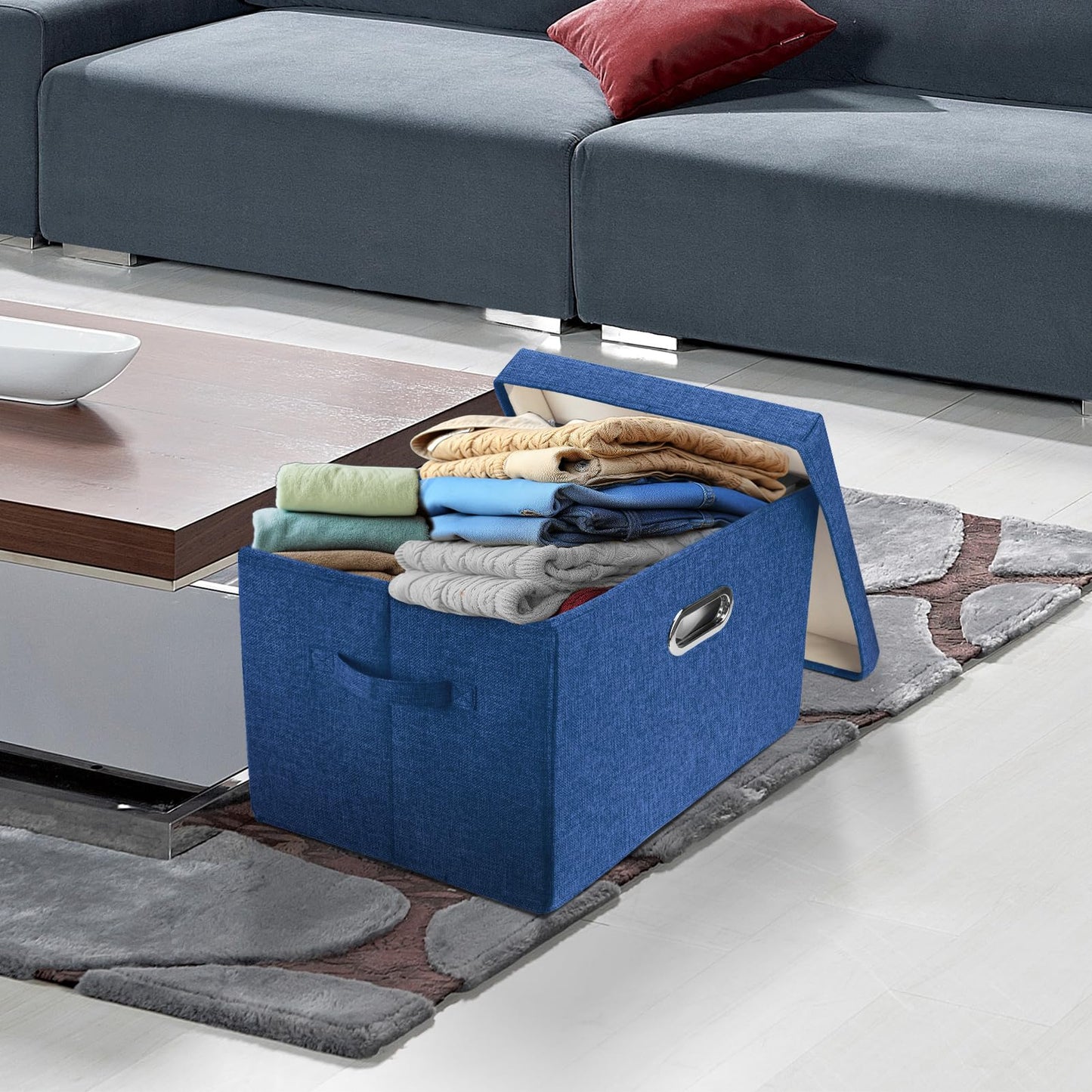 TYEERS Large Storage Box with Lid, Collapsible, Washable, Fabric Storage Box for Clothes, Wardrobe Storage, 44x30x29 cm, Set of 5, Classic Blue