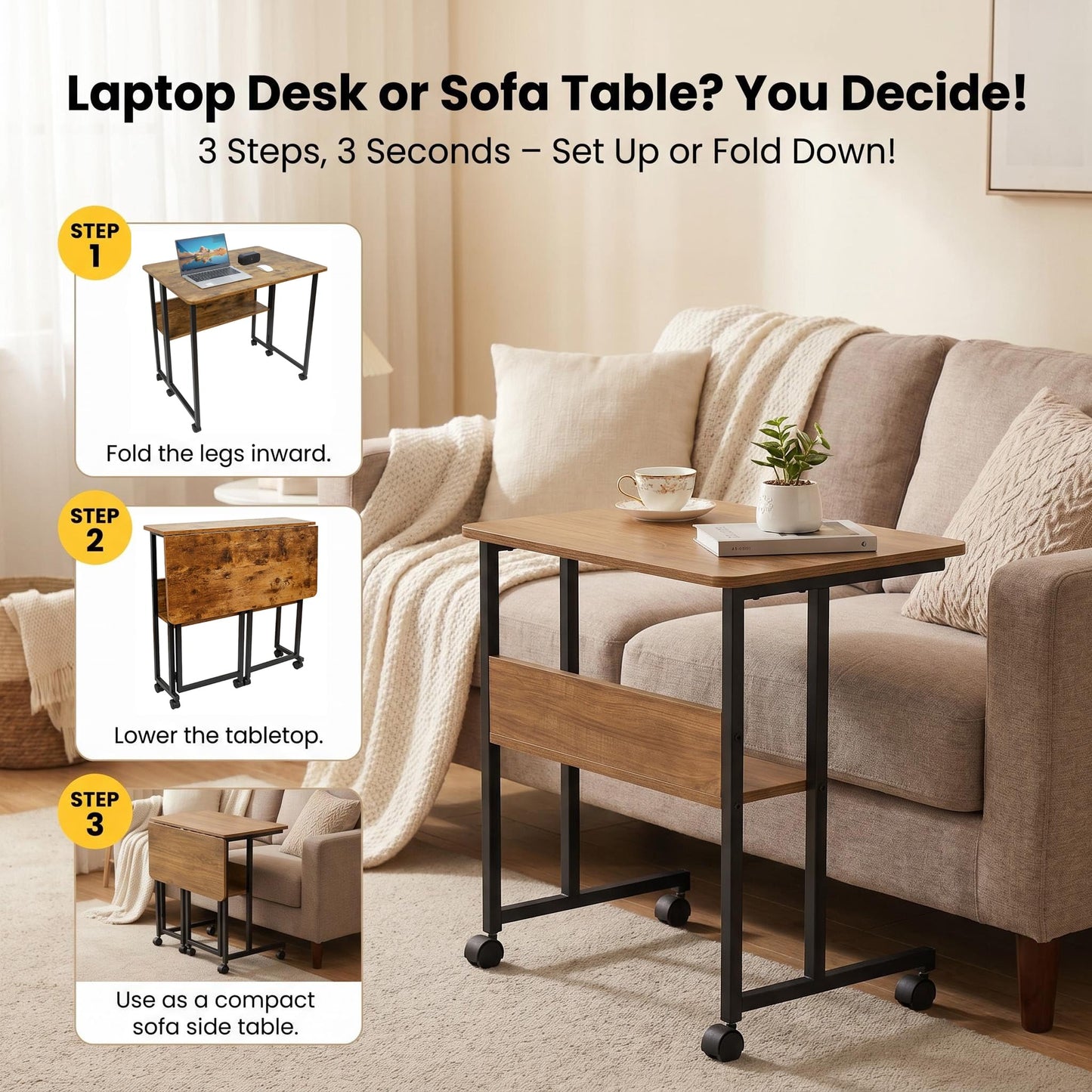 Fiutazge Folding Desk, Folding Desk with Wheels, Small Folding Computer Desk with Shelf, Side Table, Folding Table for Home Office, Industrial Design