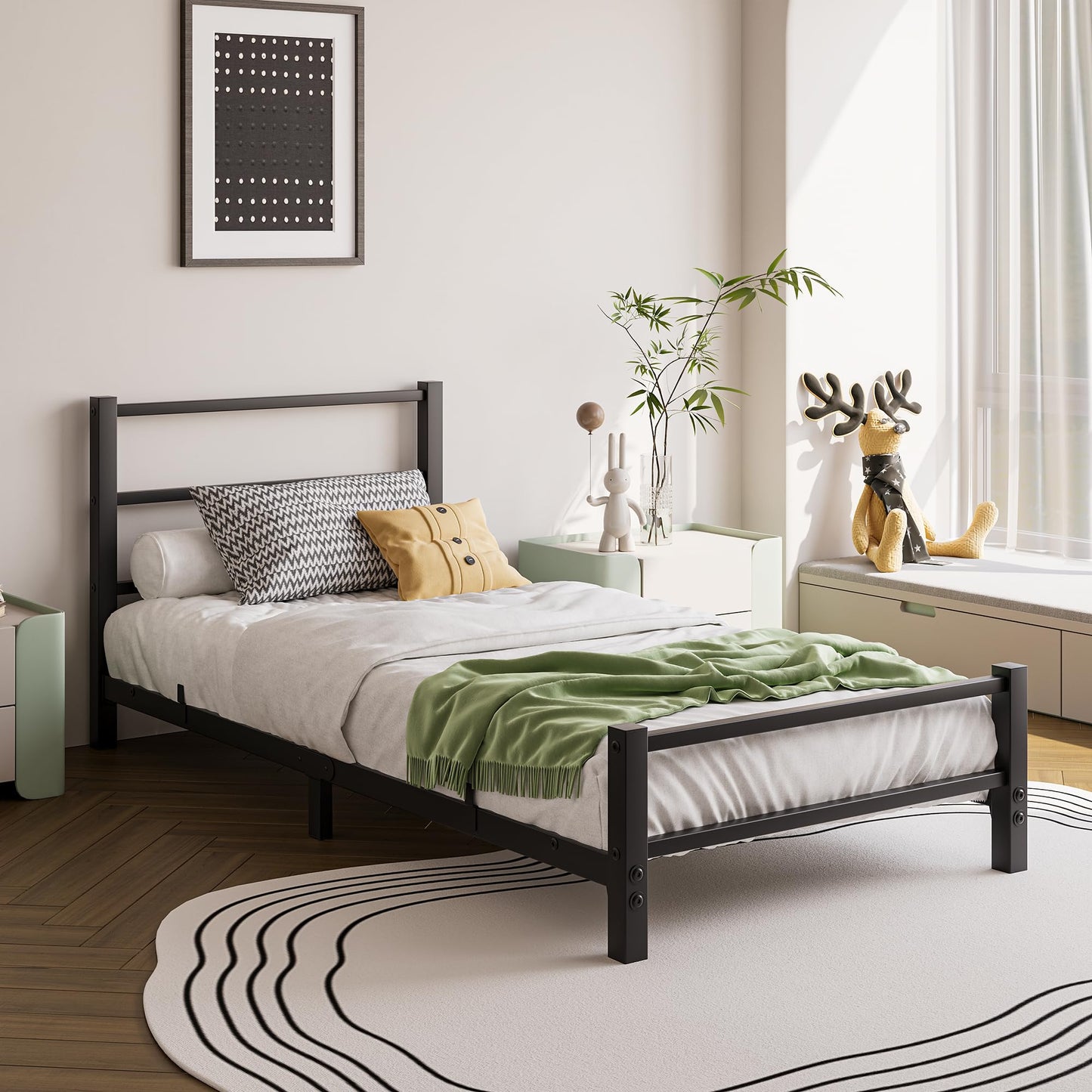 HAHRIR 16cm Low Profile 3ft Single Bed Frame with Metal Headboard, Black