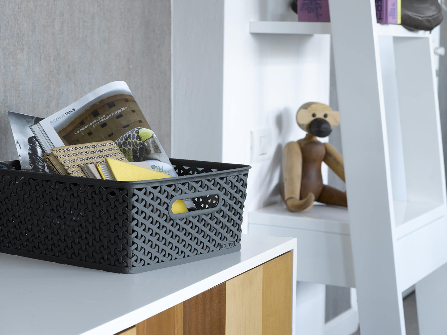 Curver My Style Rattan Effect Set of 3 Kitchen, Living room, Bathroom, Bedroom, Utility Medium Rectangular Storage Baskets 12 Litres - Anthracite