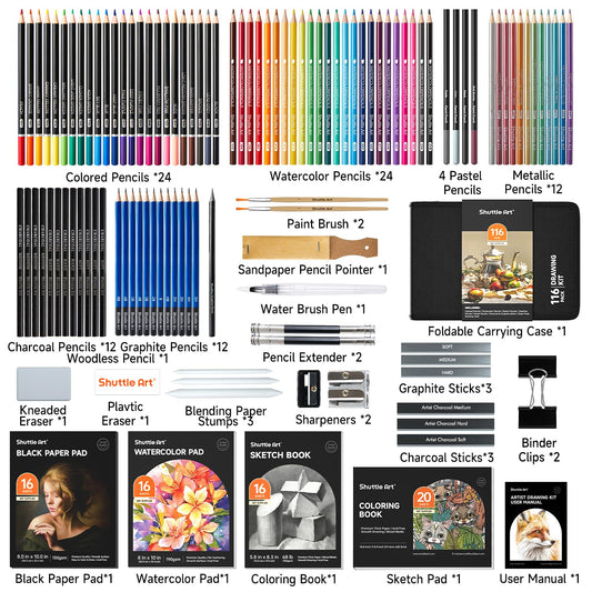 Shuttle Art 116 Pack Sketching and Drawing Pencils Set, Sketch Art Pencil Set with 4 Drawing Pads, Graphite Pencils in Zipper Case, Colouring Pencils