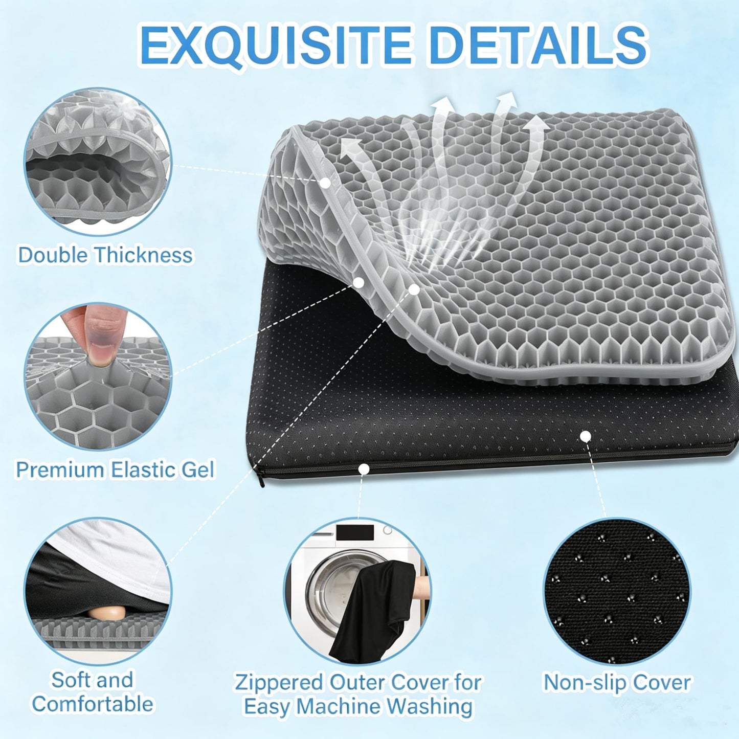 Audasi Gel Seat Cushion, Honeycomb Thick Gel Seat Pad for Bottoms Soft Sitter Cushion Relieving Back Coccyx Pressure Seat Cushions for Car Office