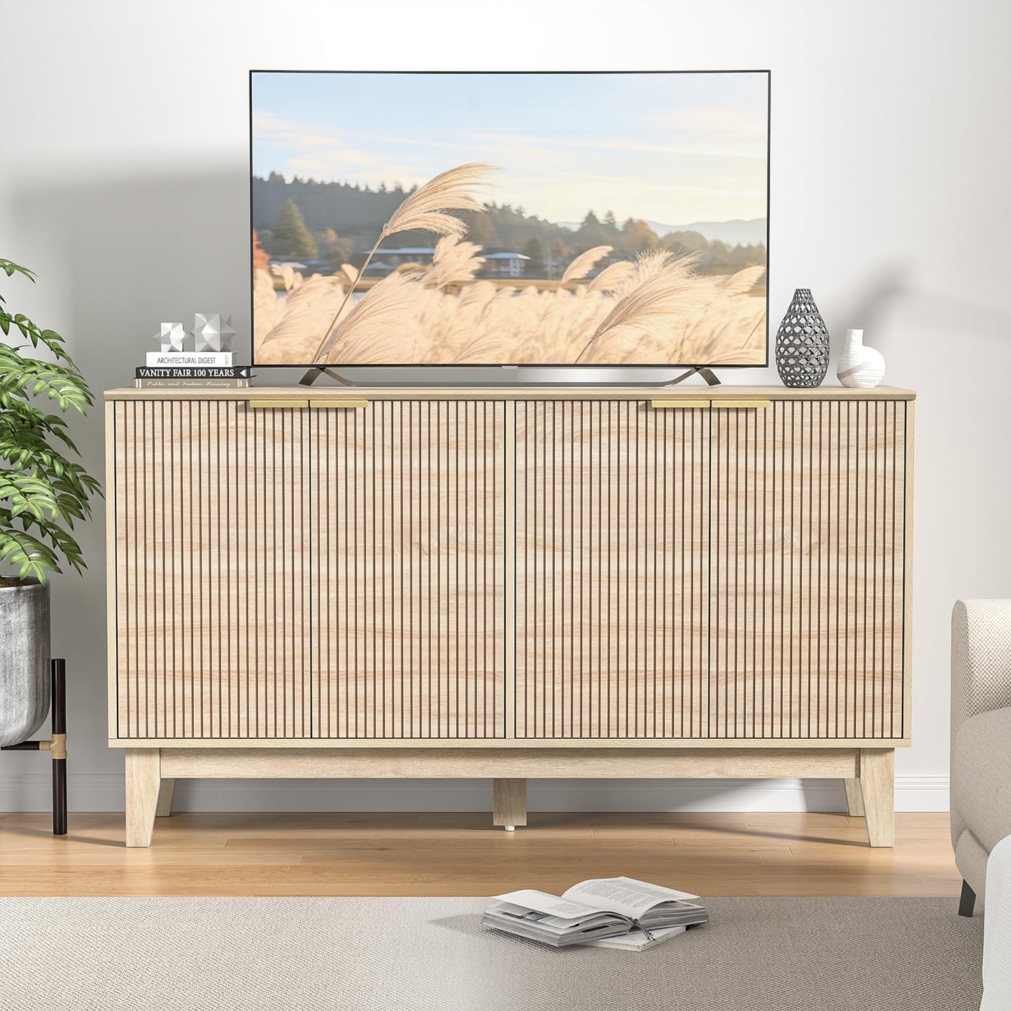 Yvsevnr Sideboards for Living Room, Buffet Storage Cupboards with Adjustable Shelves, 140 cm Kitchen Cabinet with 4 Doors, Anti-tip