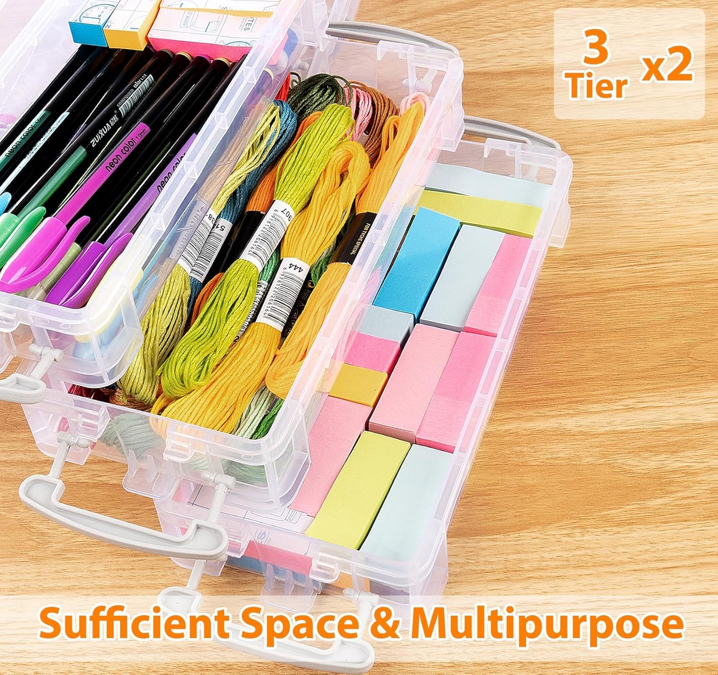 AUTUUCKEE 2pcs Craft Storage Box with Lid, 3 Tier Clear Plastic Storage Box with Handle, Portable Pencil Case Pen Storage
