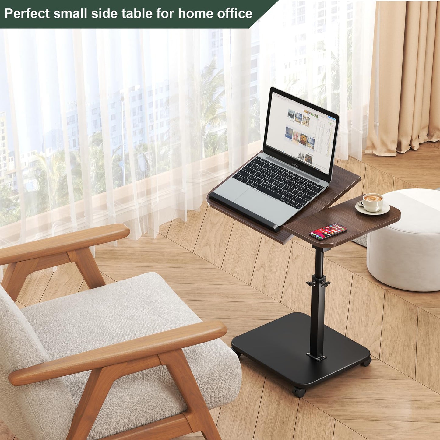Adjustable Height C Shaped End Table with Wheels,360°Swivel Side Table, Top Tilting Laptop Stand TV Table for Sofa/Bed
