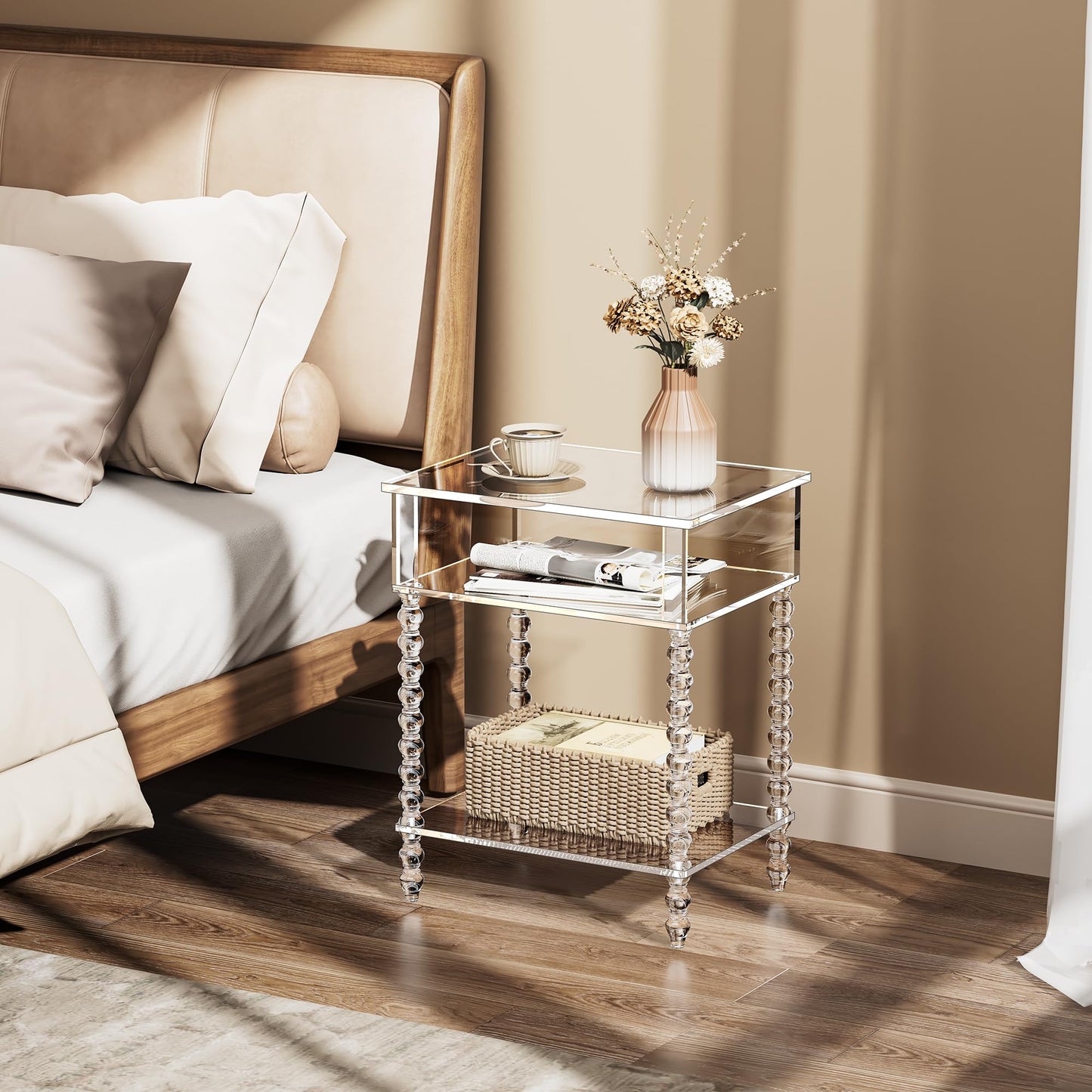 Dewrhiixe Acrylic Side Table, Clear 3-Tier End Table with Storage, Nightstand for Living Room, Bedroom, Office (Clear, 40x30x50 cm)