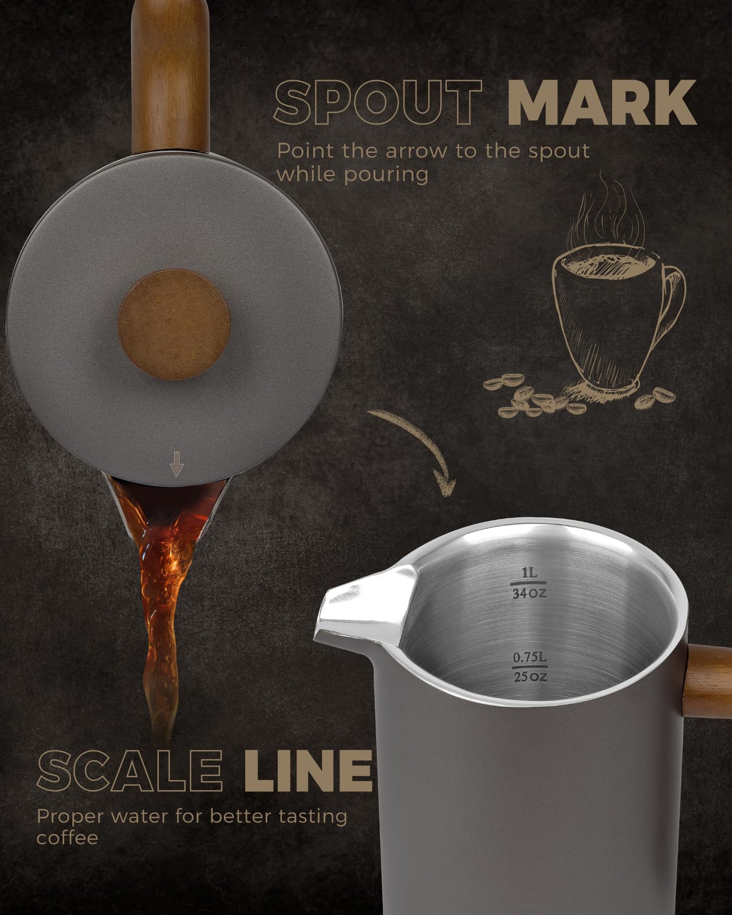 POLIVIAR Cafetiere 8 Cup, French Press Coffee Maker with Wood Handle, Double Walled Insulated Cafetiere &1 Extra Filter, Insulated 1L French Press for