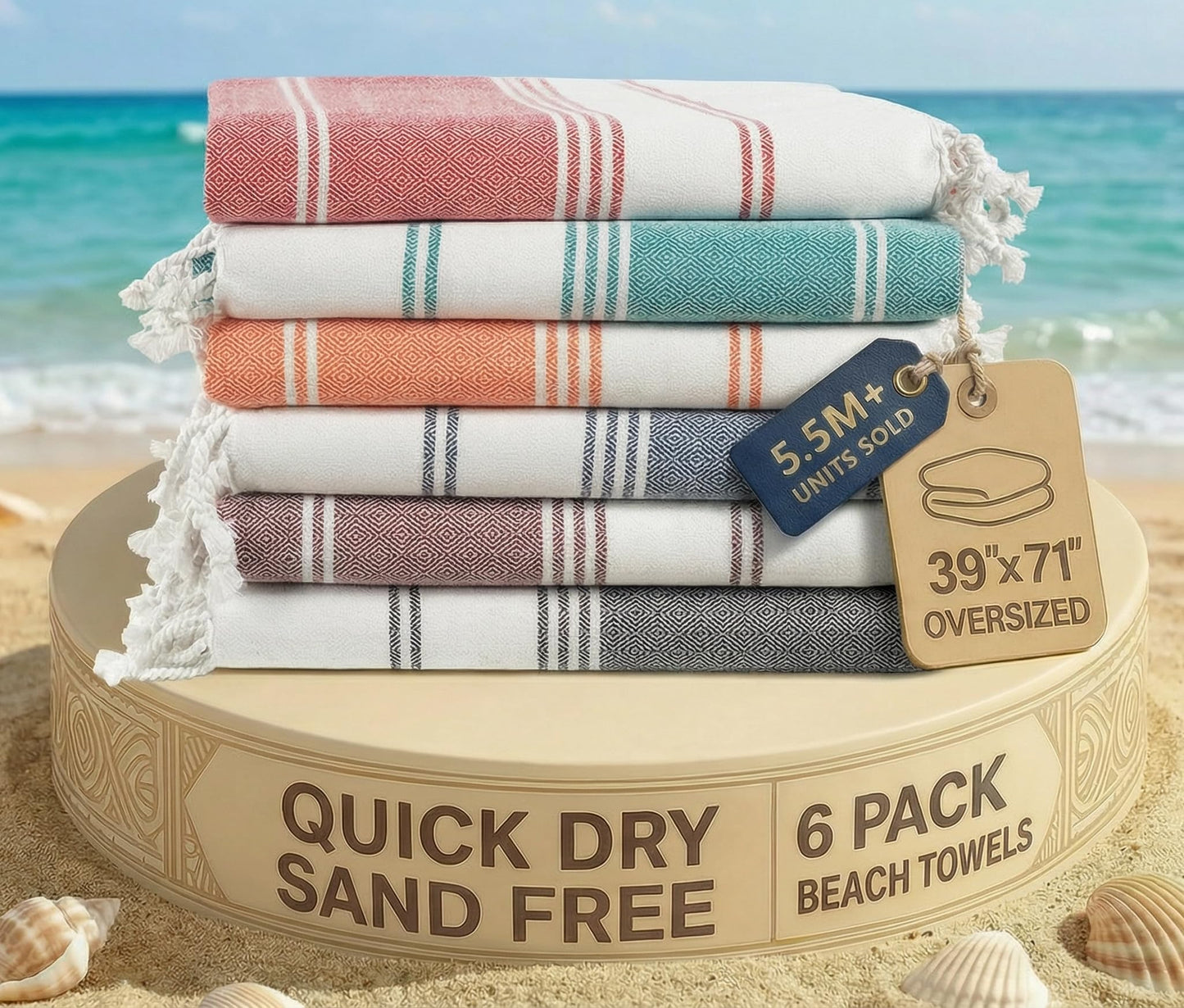 LANE LINEN Beach Towels 6 Pack, Cotton Rich Oversized Towel, Pre-Washed, Stylish Pool Towels For Adults, Quick Dry