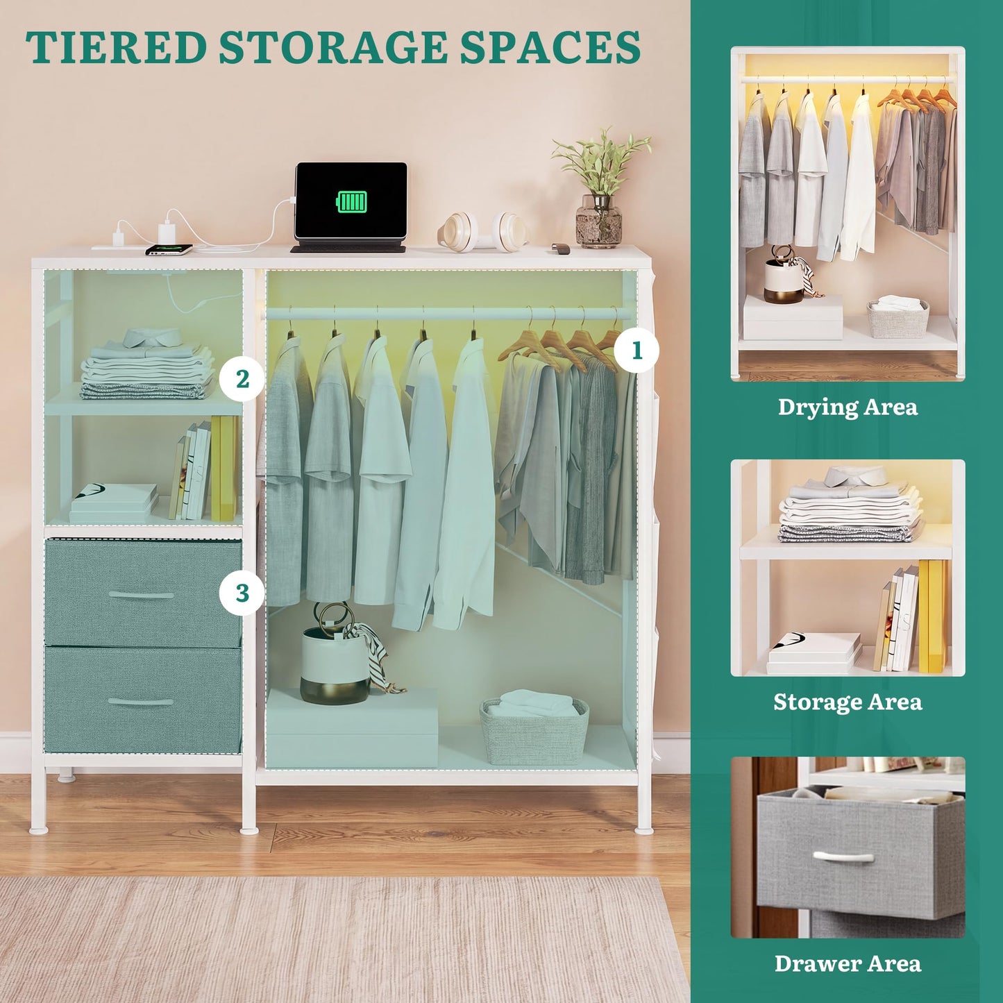 YITAHOME Wardrobe Chest of Drawers with Hanging Rail 120cm White
