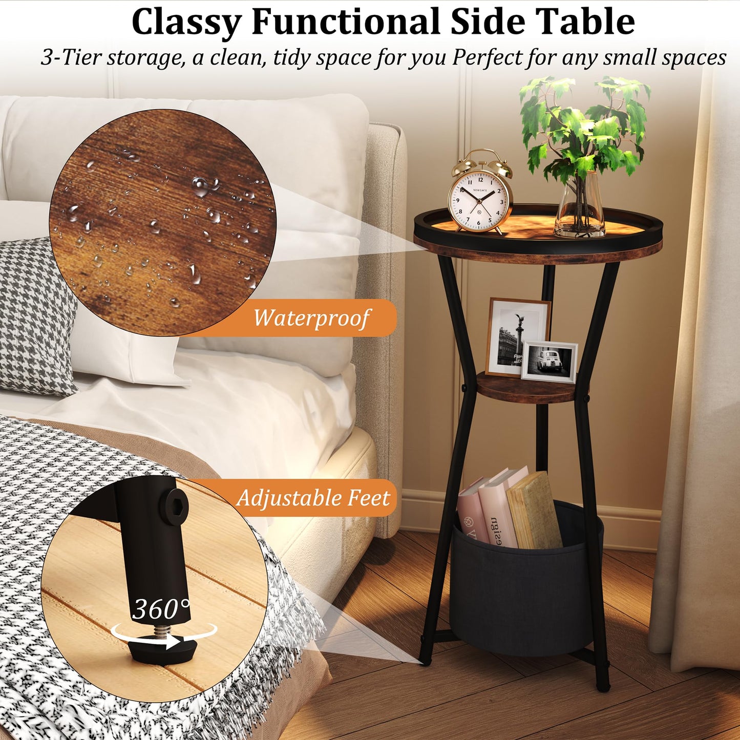 Yusong Round Side Table, Small Drink Table for Small Spaces, 3-Tier Industrial Corner Table, Bedside Table Highlight for Living Room, Bedroom, Sofa