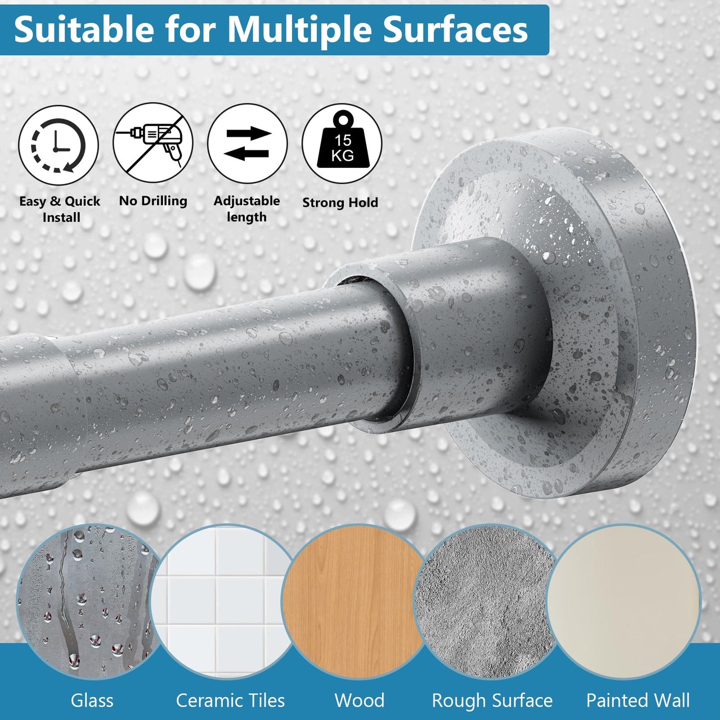 WELDUN Extendable Shower Curtain Tension Rod, 48-82CM No Drill Telescopic Shower Curtain Rod, Adjustable Spring Rod for Window Bathroom, Bedroom, Gray