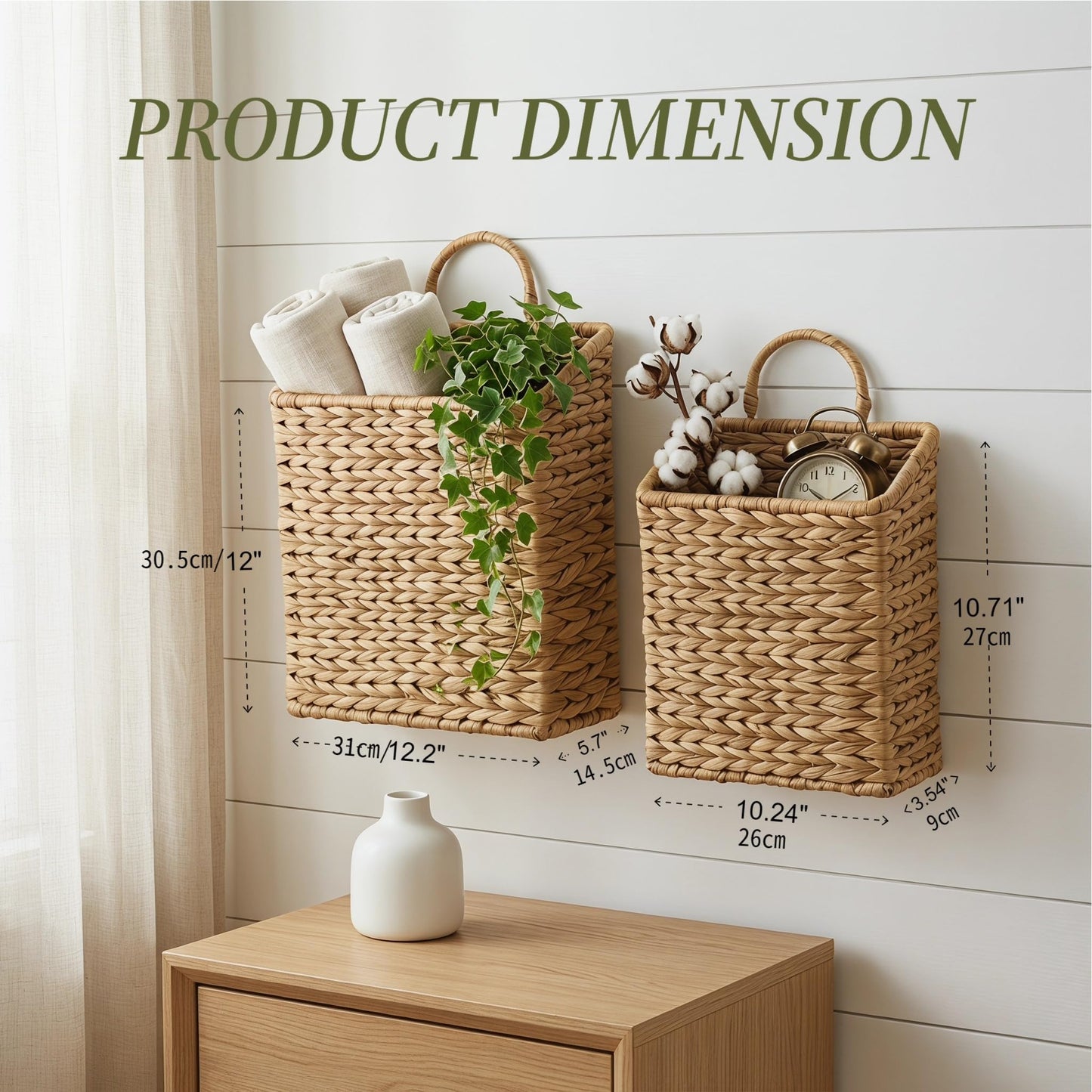 FRONDENT Wicker Hanging Storage Basket, 2 Pack Hanging Baskets Wall Planter, Woven Water Hyacinth Baskets, Storage Organizer Basket for Walls, Doors