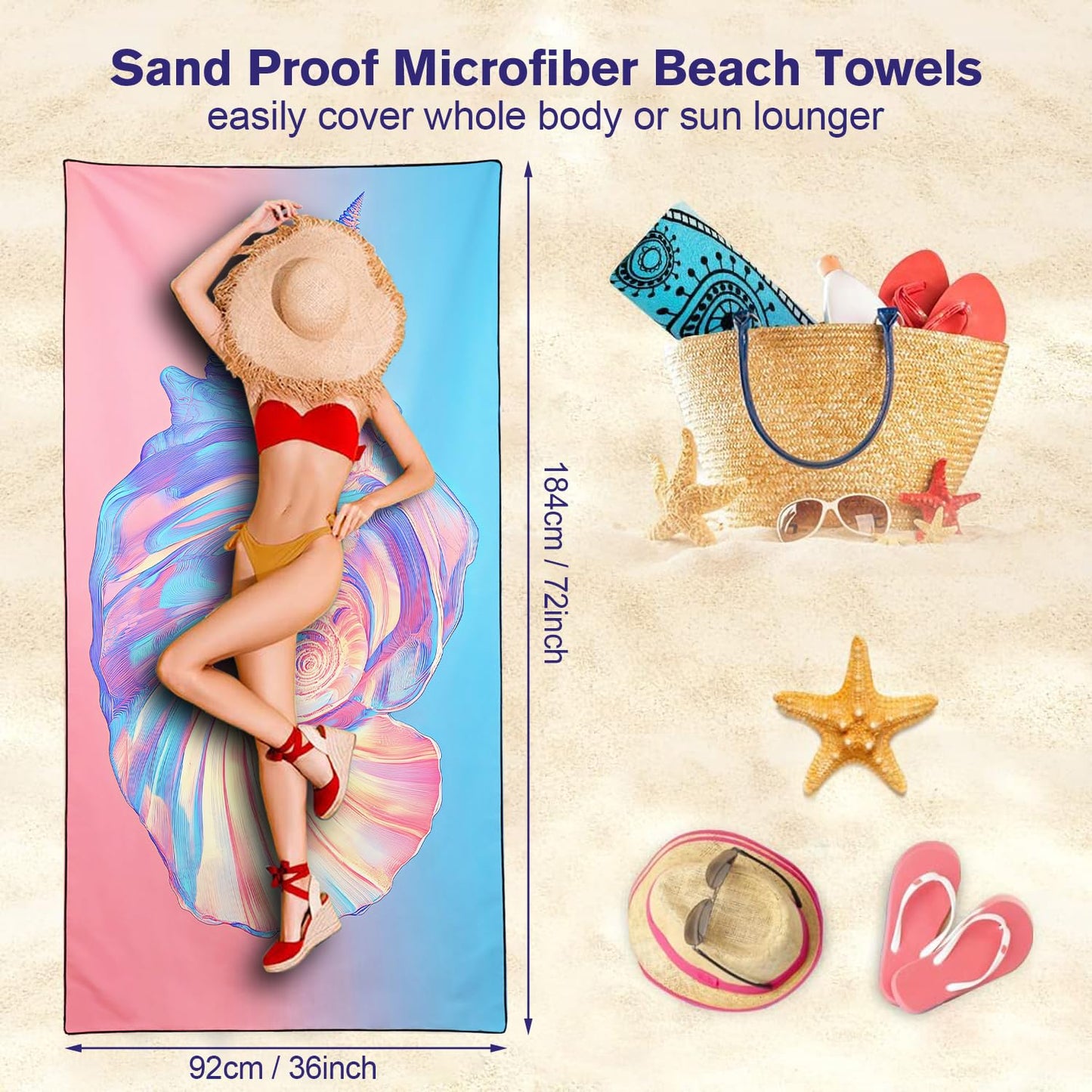 YISUMEI Pink Conch Beach Towels for Adults Extra Large 180 x 90 cm, Microfibre Lightweight Quick Dry Towel for Swimming Pool Cruise Travel Sports