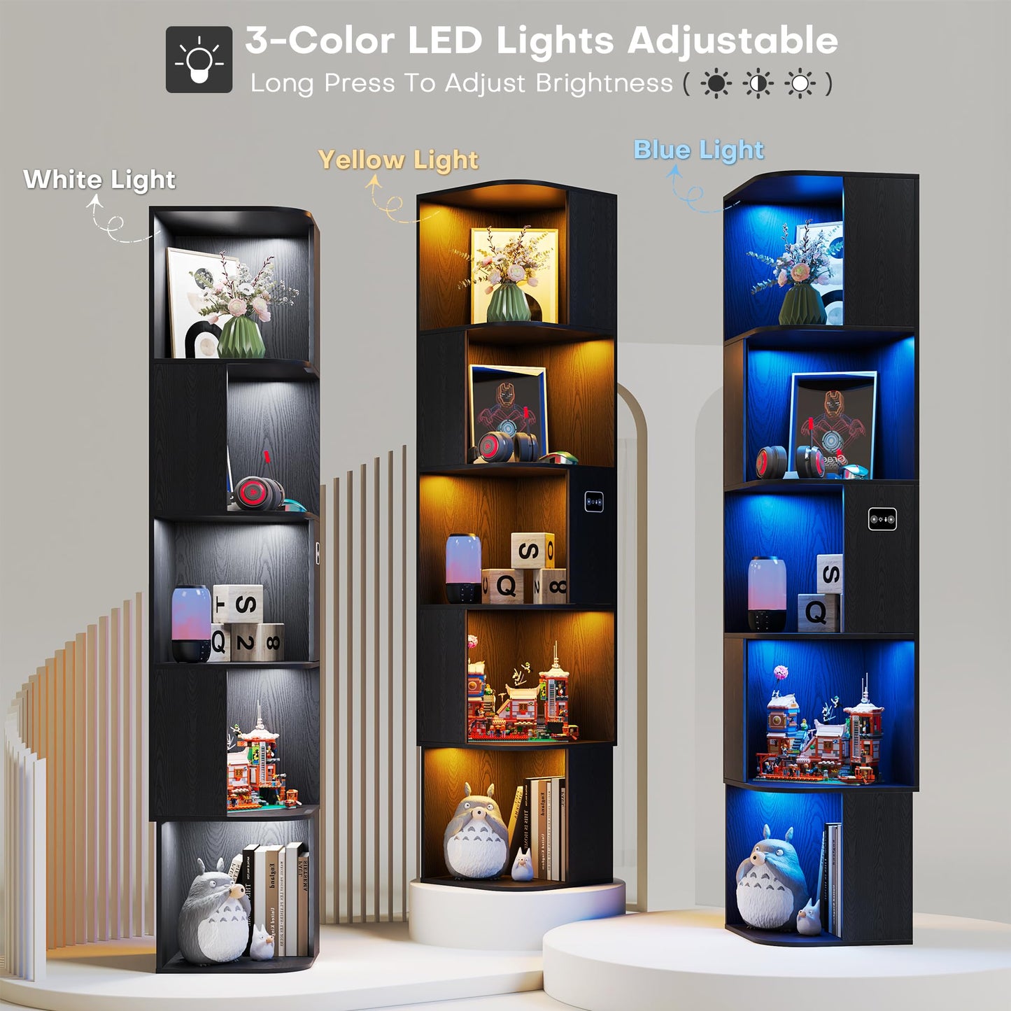 64.8 " Corner Wood Bookcase with Body Sensor LED for Home Office,Black