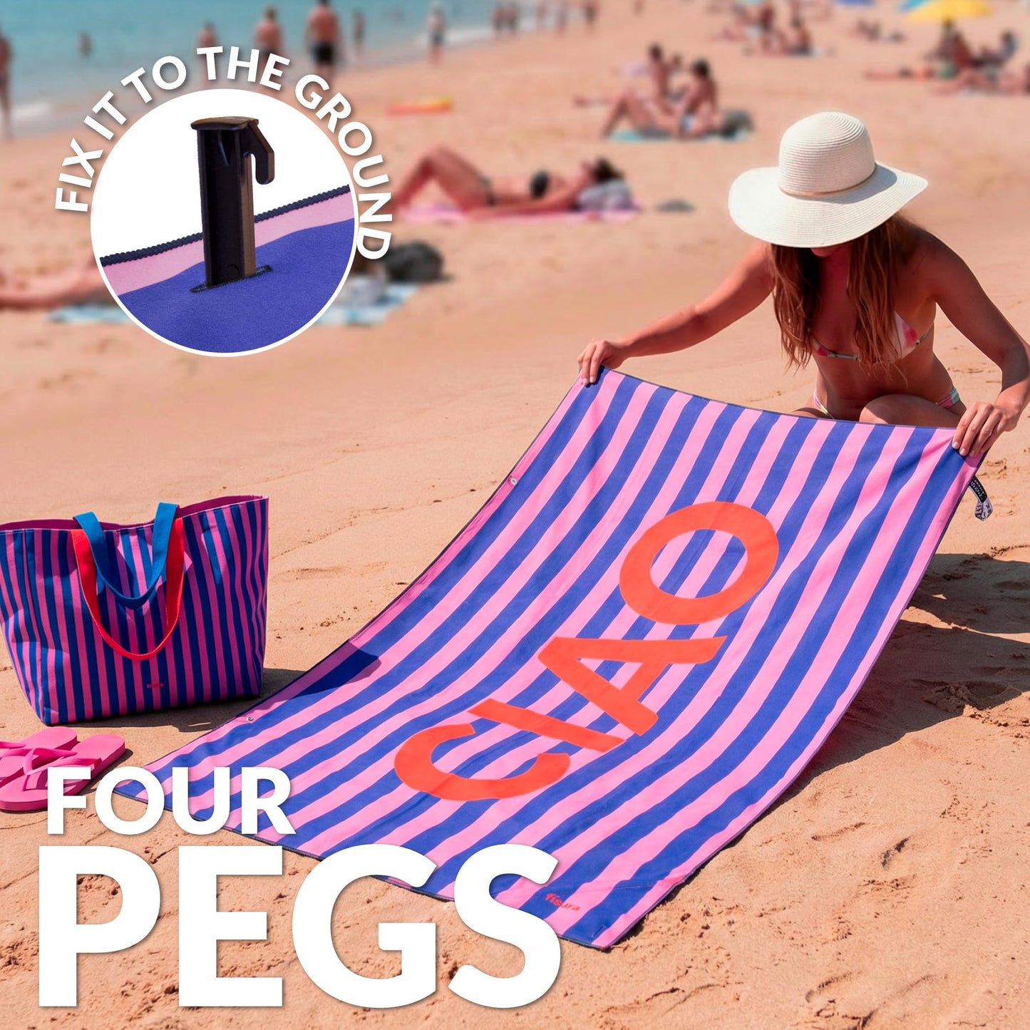Fisura - Large Microfibre Beach Towel Blue & Pink Striped “Ciao” – Quick Dry, Sand Free & Lightweight – Travel, Pool, Camping & Picnic