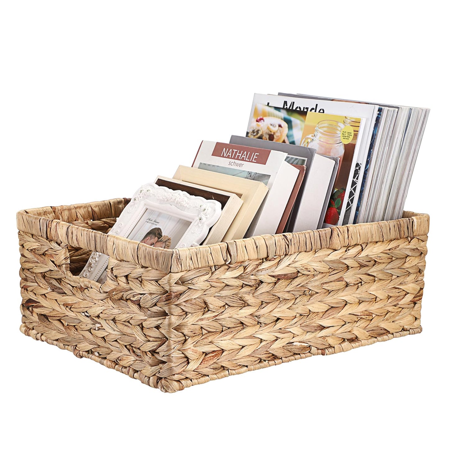IGNPION Water Hyacinth Storage Opened Basket Living Room Decorative Baskets Woven Wicker Towel Basket with Handles Bathroom Storage Organiser Box