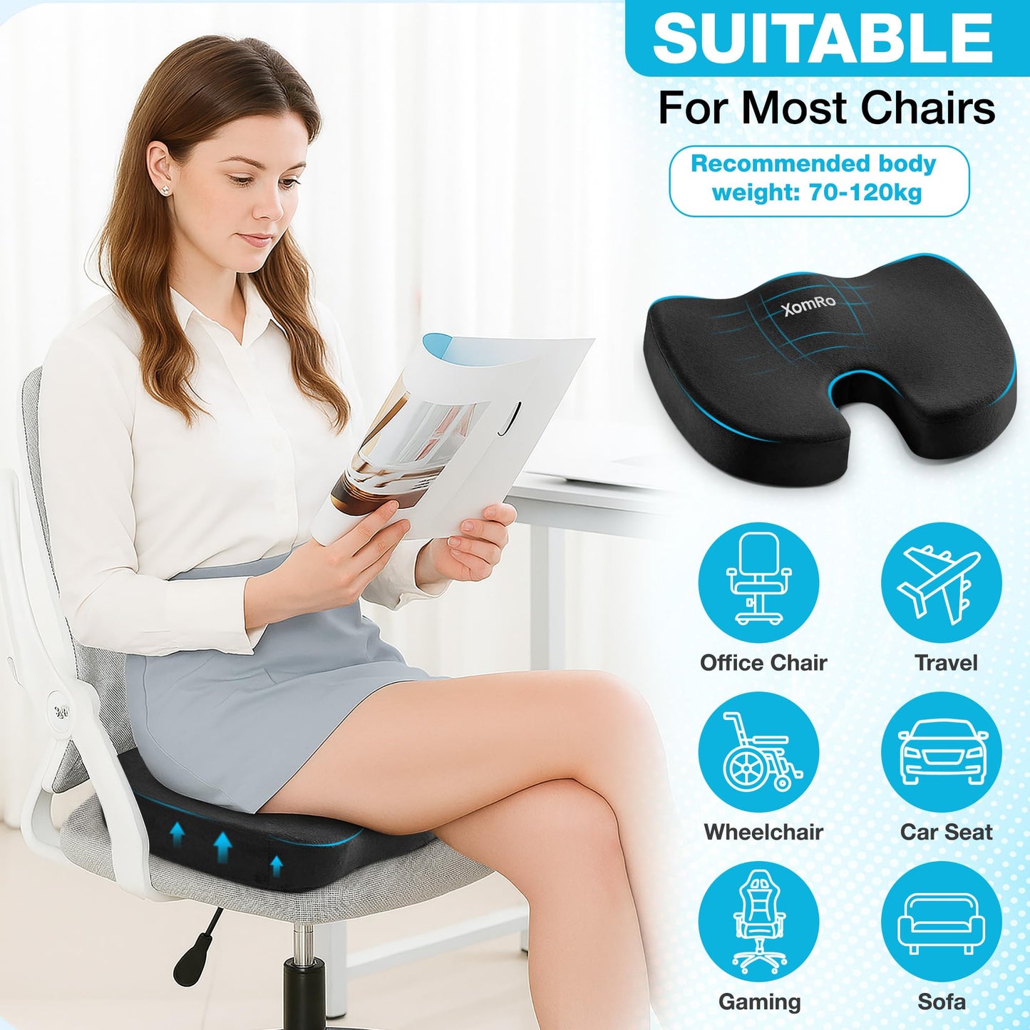 XomRo Ergonomic Memory Foam Seat Orthopedic Coccyx Cushion Chair Tailbone Pain Relief Sciatica Back Hip Support Office Chair Car Gaming Wheelchair