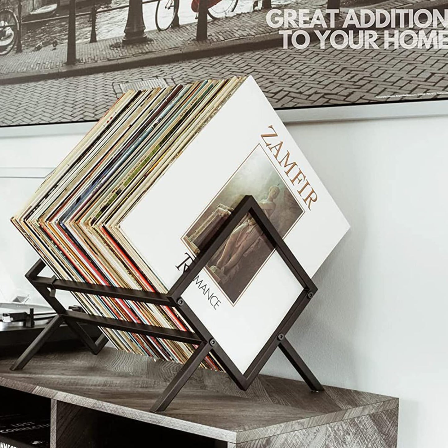 Fesatccoz Vinyl Record Holder for 80–100 LPs, Metal Vinyl Storage Rack