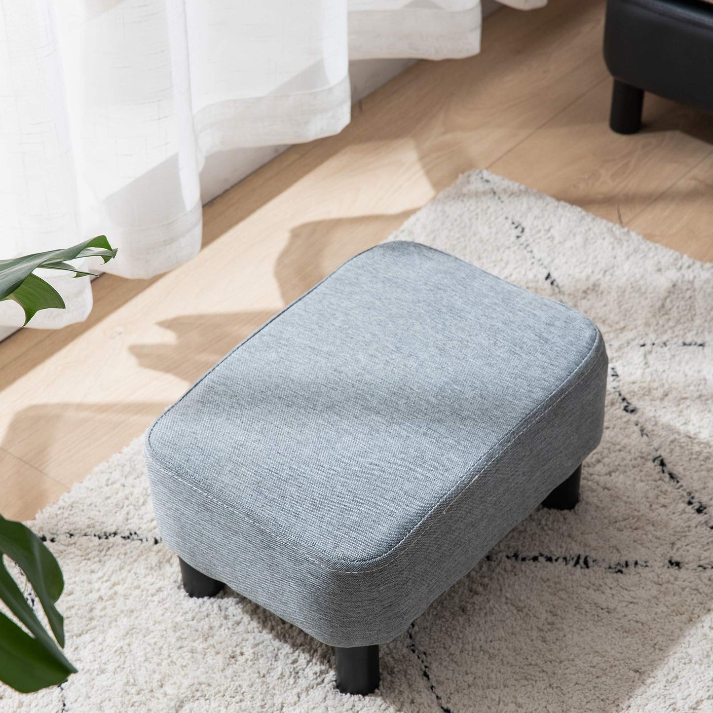 IBUYKE Small Footstool, Linen Fabric Pouf, Rectangle Ottoman with Padded Seat Pine Wood Legs and Padded