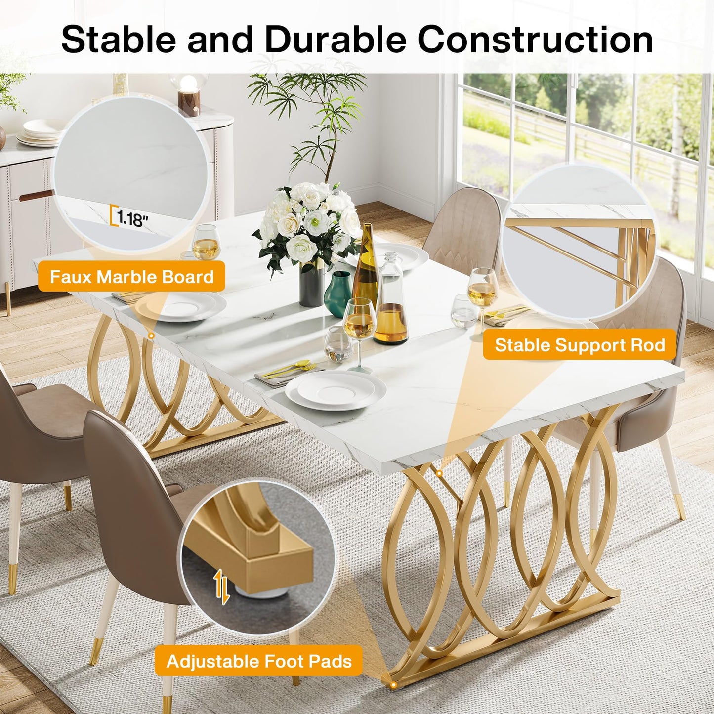 LITTLE TREE Modern Dining Table for 4-6 People, 63" Large Rectangular Kitchen Table with Faux Marble Tabletop and Geometric Legs