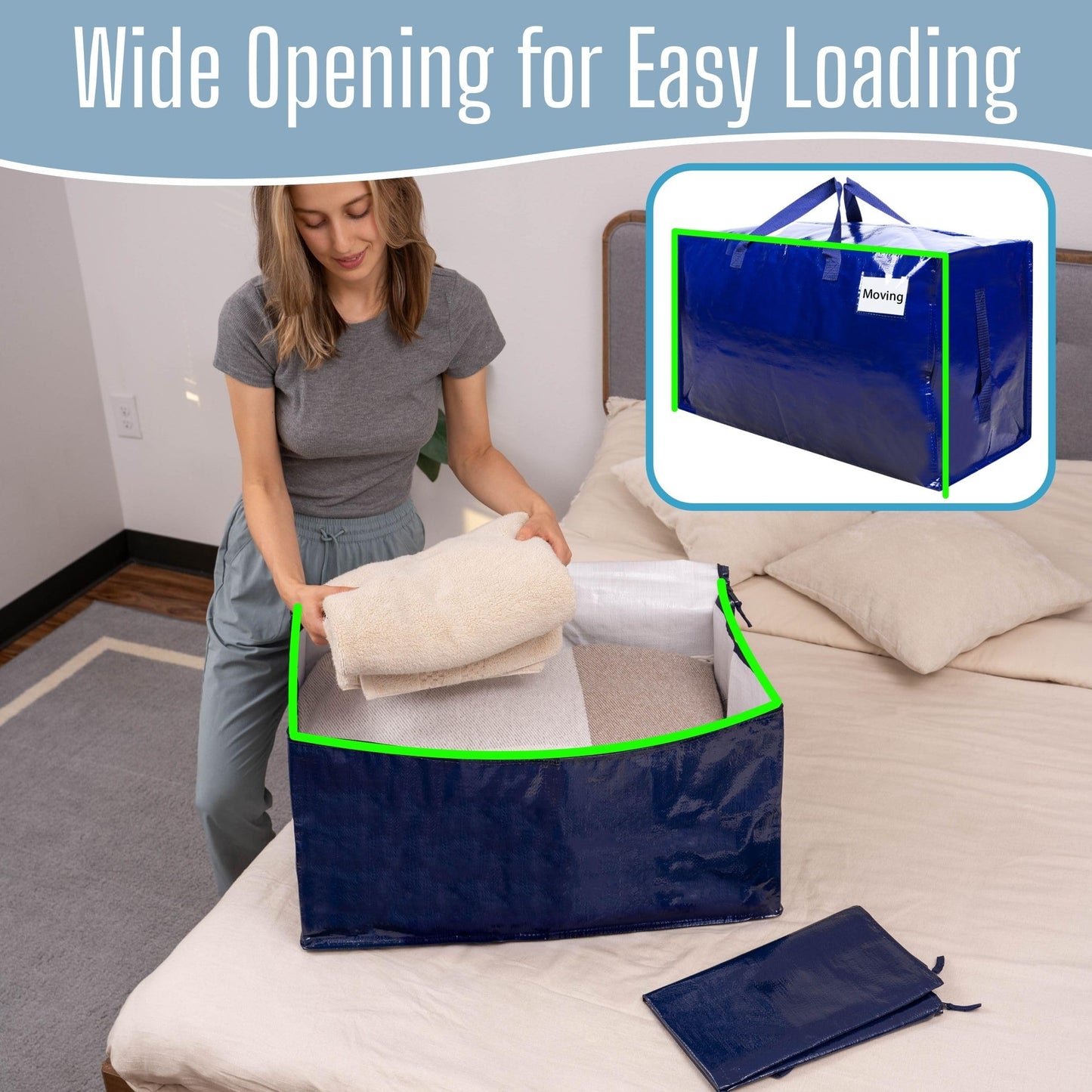 VENO 4 Pack Large Moving Boxes & Storage Bags – Oversized Packing Bags with Zippers & Handles,Heavy-Duty Laundry Bag for Moving House(Blue, 4 Pack)